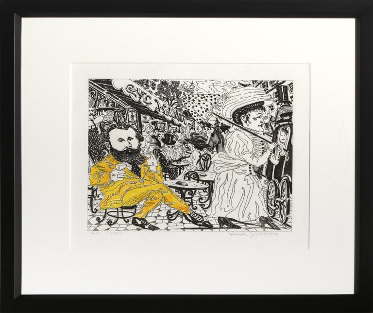 Artist: Red Grooms, American (1937 - )
Title:	 Cafe Manet
Year:	1976
Medium: Etching with hand-coloring, signed in pencil
Edition: Trial Proof
Image Size: 7.5 x 9.75 inches
Frame Size: 16 x 18 inches

Publisher: Brooke Alexander, Inc., New