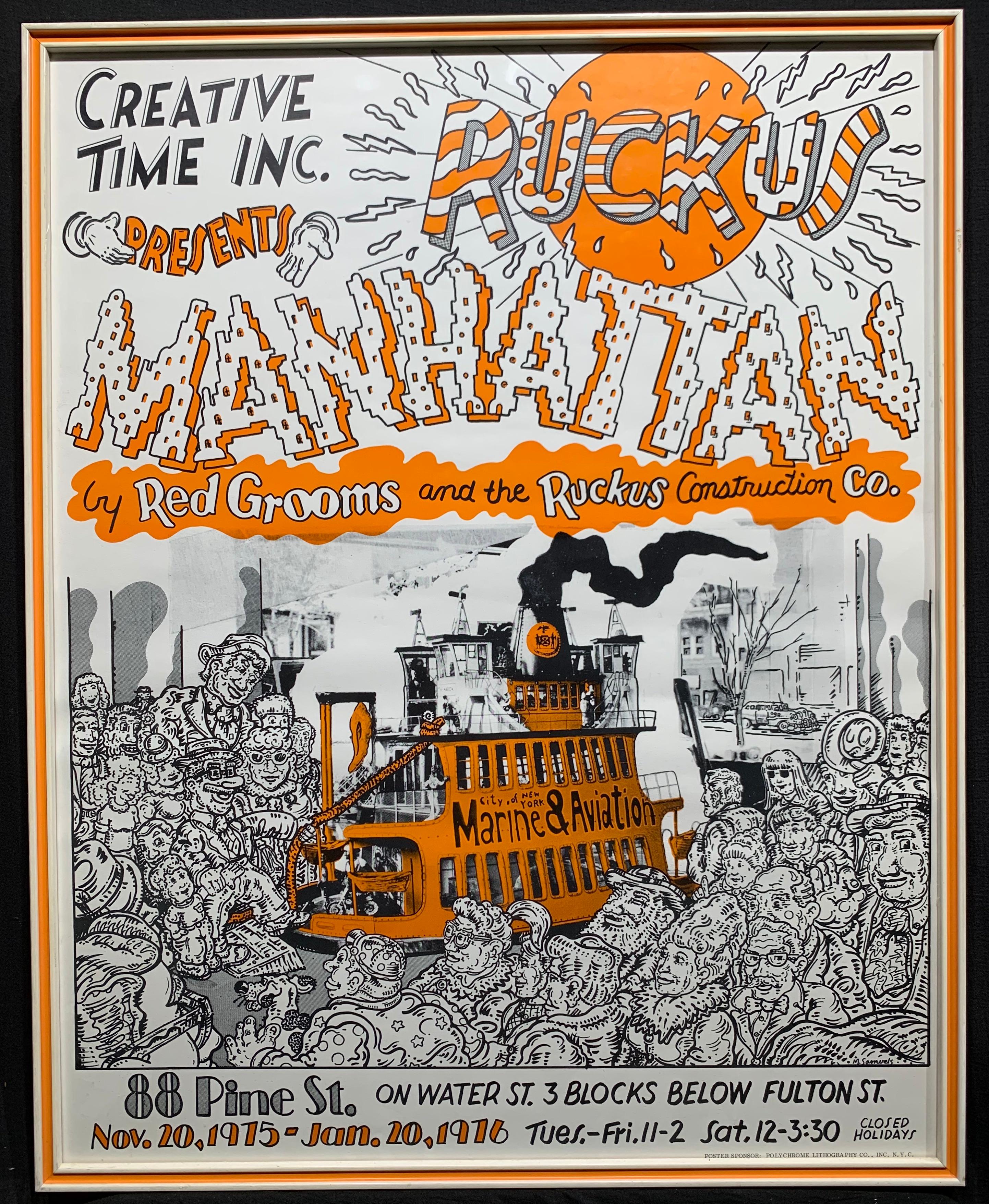Cartel original de la exposición Ruckus Manhattan de Red Grooms y la Ruckus Construction Company, 1975. Presentado por Creative Time, Inc. Litografía con elementos fotográficos litográficos en offset, la hoja mide 23 x 29 pulgadas; 24 x 30 pulgadas