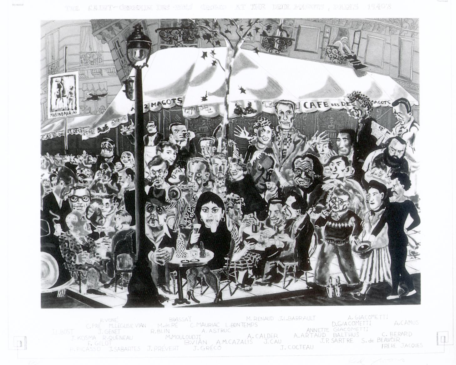 Red Grooms Portrait Print - Les Deux Magots