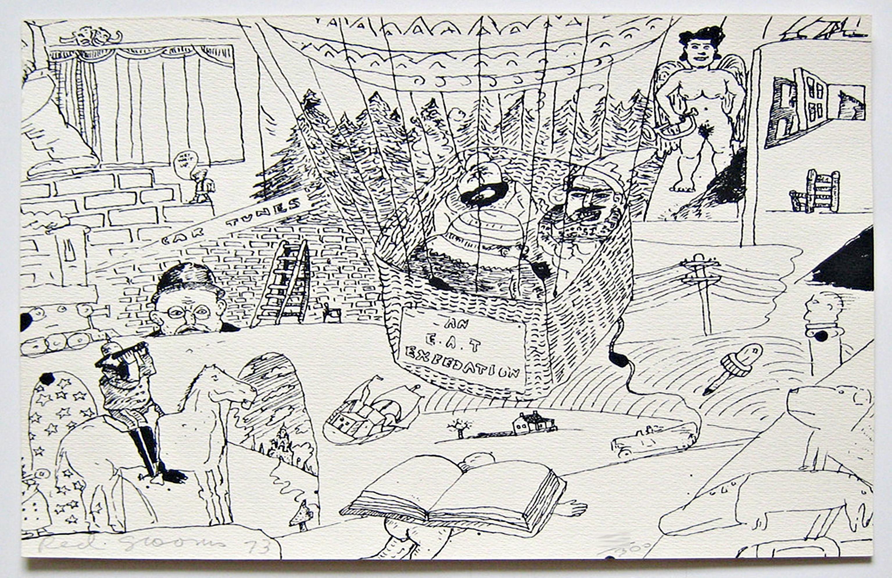 Red Grooms
"Expedición" (alias "EAT", alias "Stockholm Print"), 1973
Serigrafía sobre papel 100% trapo
Firmado a lápiz, fechado y numerado en el anverso; estampado en negro en el reverso "© Copyright 1973 By Red Grooms Printed At Styria Studio" (©
