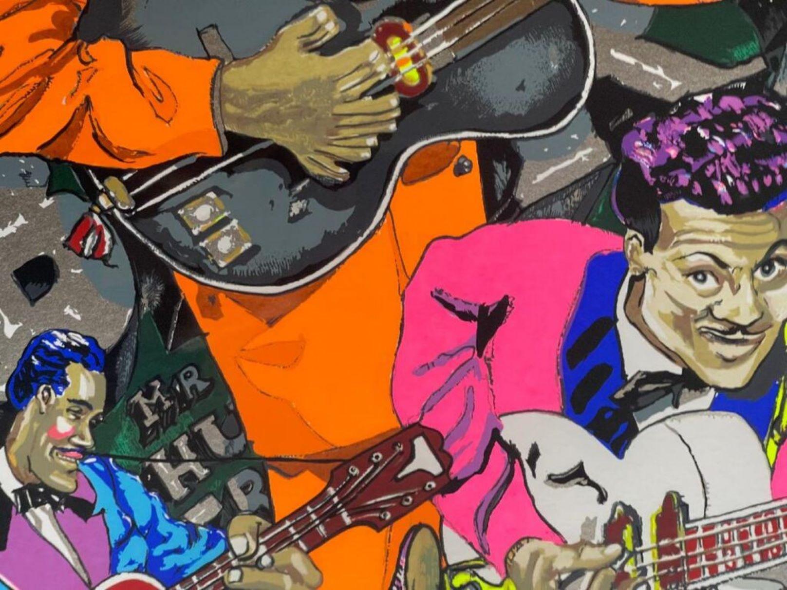 Red Grooms, M. Chuck Berry, sérigraphie couleur avec collage en 3D, signée/n encadrée en vente 3