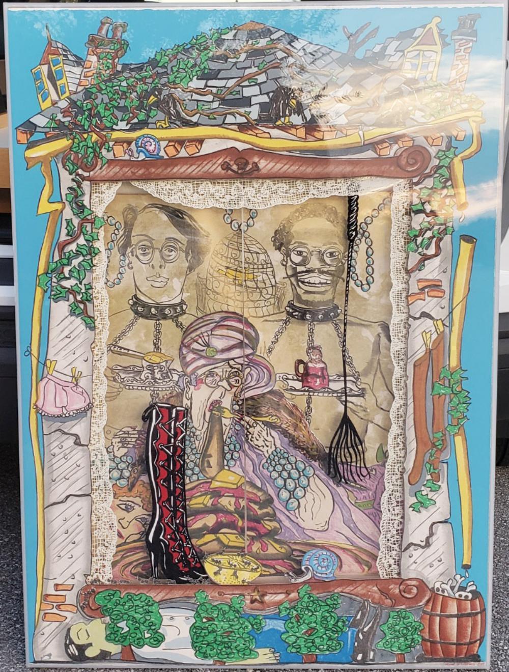 Red Grooms (b. 1937) The Pancake Eater lithograph and screenprint in colors with gold radiance powder, cut outs and window shade with string, in original Plexiglas frame, 1981, signed and dated in red pencil, numbered 24/31 on a metal label affixed
