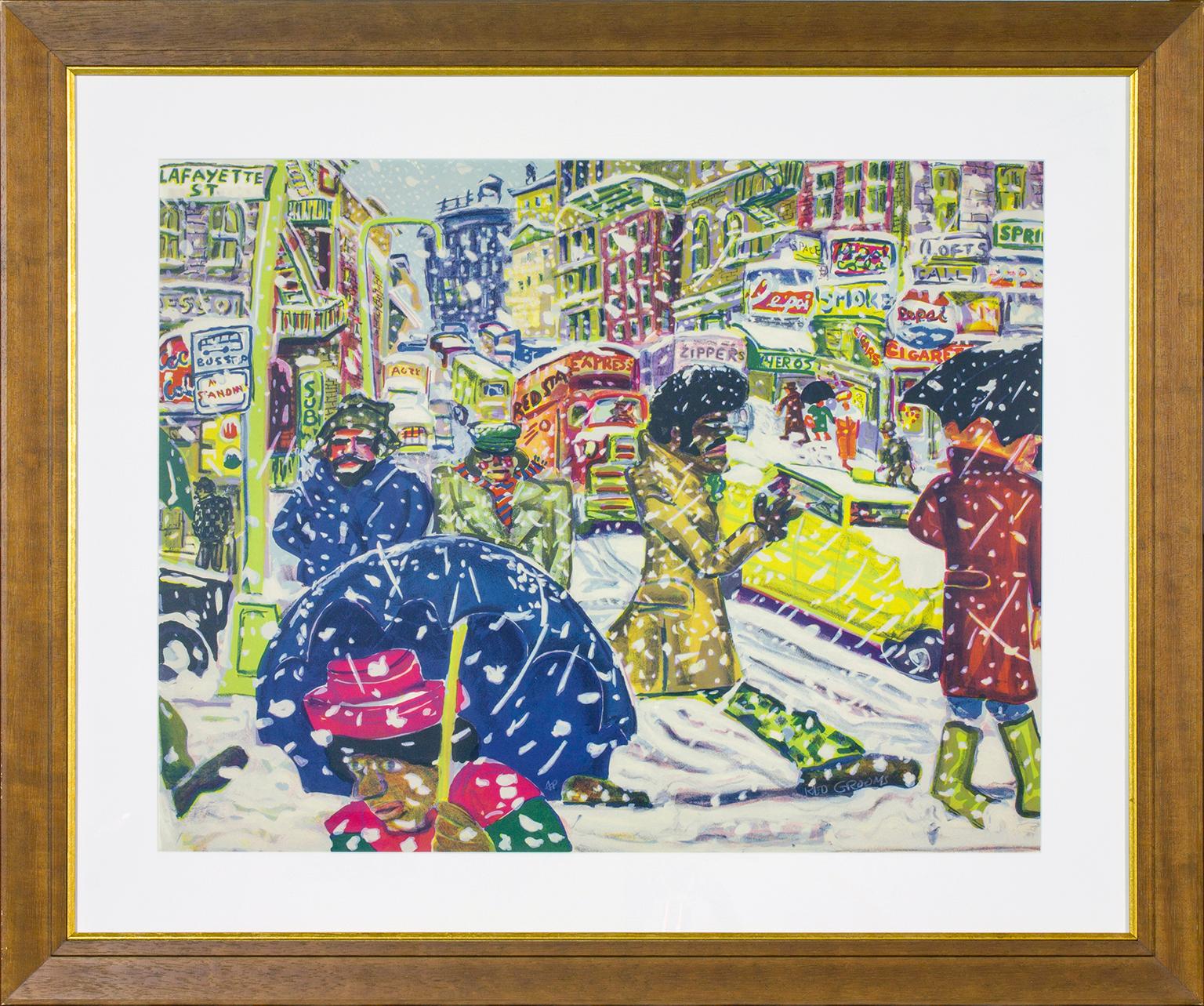"Slushing" lithograph by Red Grooms from 1971 "No Gas" portfolio. Signed AP at bottom of blue umbrella in center of image and Red Grooms on shoe in lower right corner. Depicts people and traffic, including the Red Star Express on Lafayette Street in