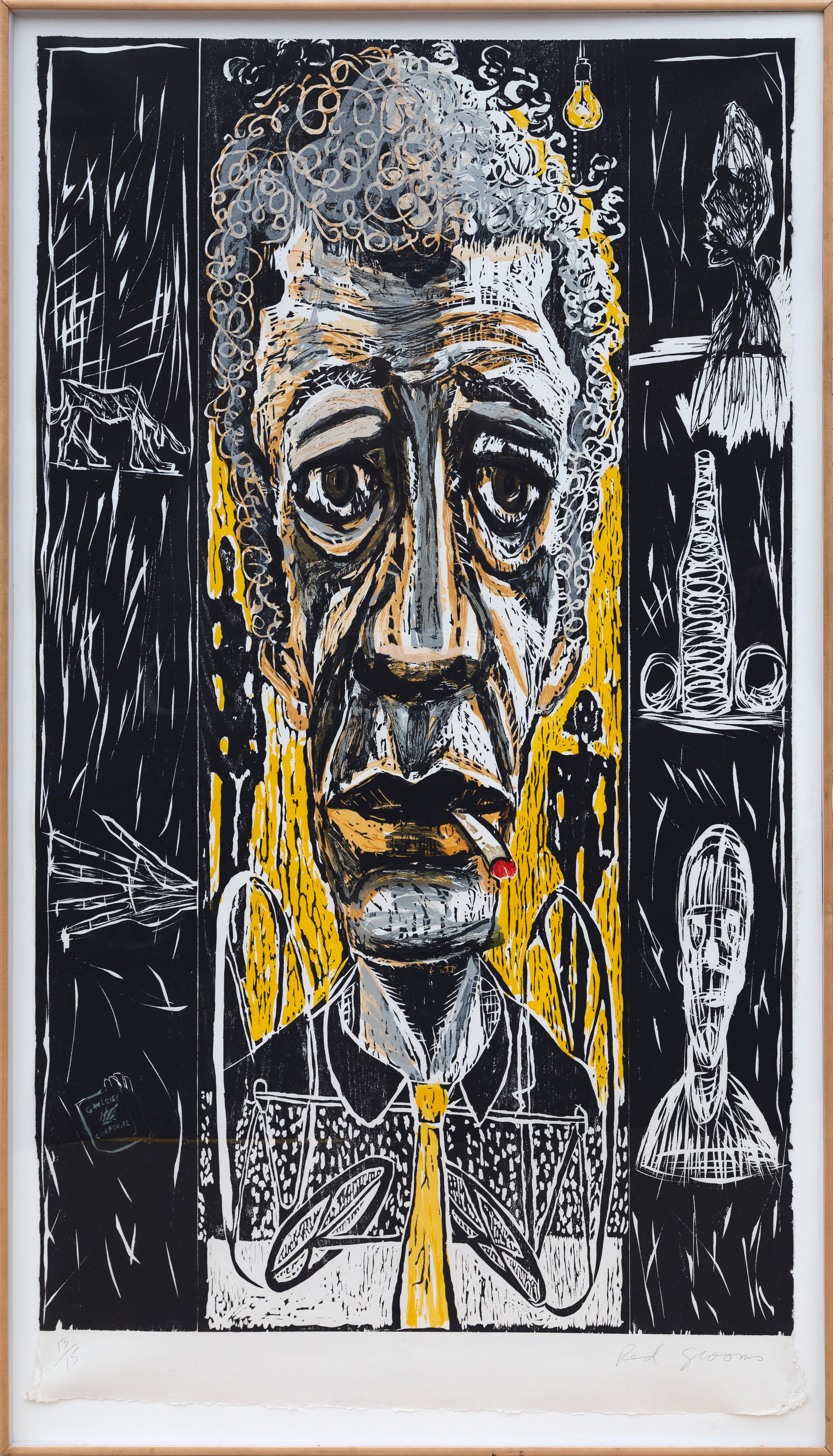 Artist: Red Grooms, American (1937 - )
Title: The Existentialist (Portrait of Giacometti)
Year: 1984
Medium: Woodcut in colors, signed and numbered in pencil 
Edition: 13/15
Size: 75 x 43.5 in. (190.5 x 110.49 cm)
Frame: 77 x 46.5 inches

Referenced