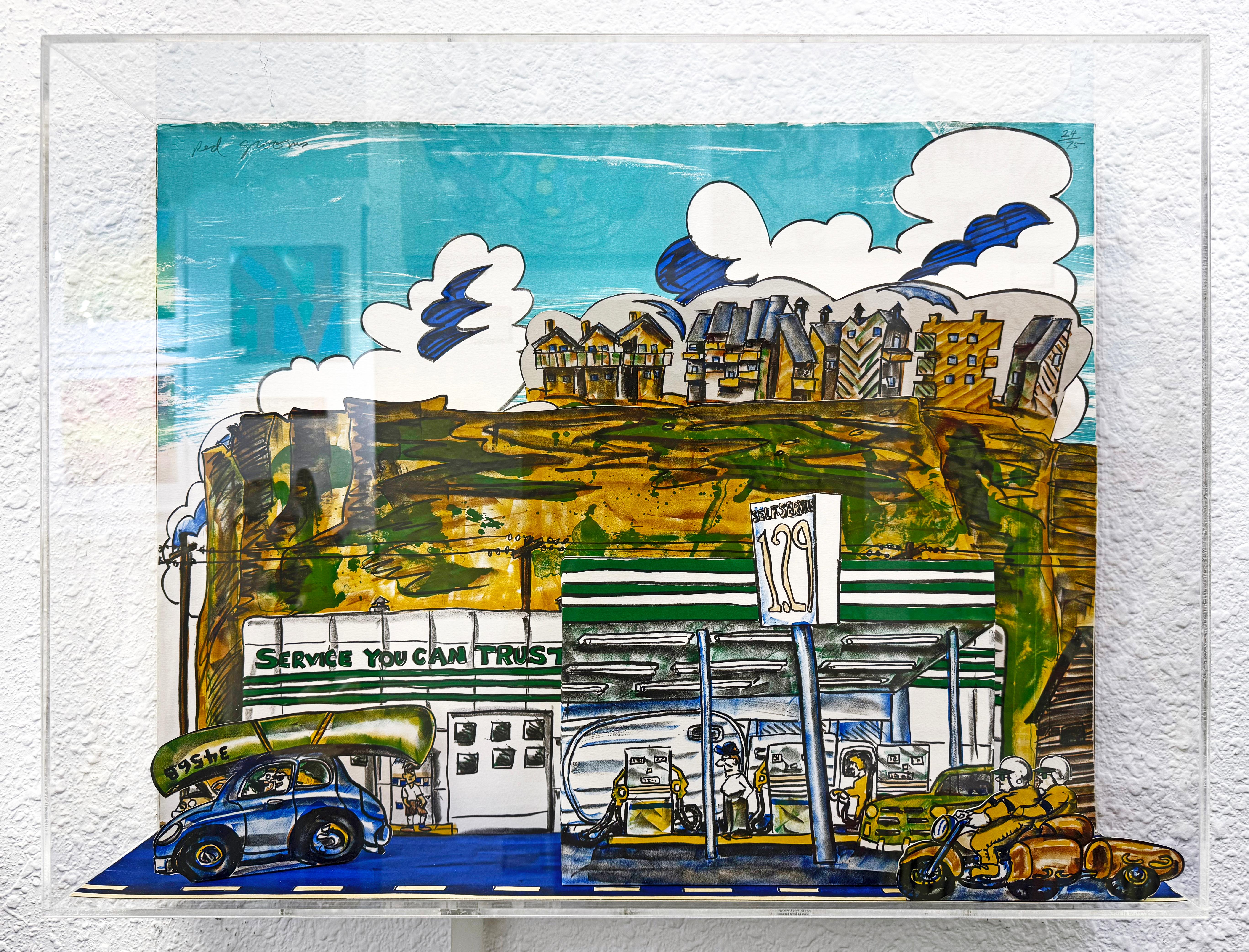 Three-dimensional color lithographic construction with moving elements.  Hand signed top left by Red Grooms.  Hand numbered 24/75 top right.  Plexiglass box size: 23.125 x 30.625 x 6.625 inches.  Published by Shark's Ink, Lyons, Colorado. 