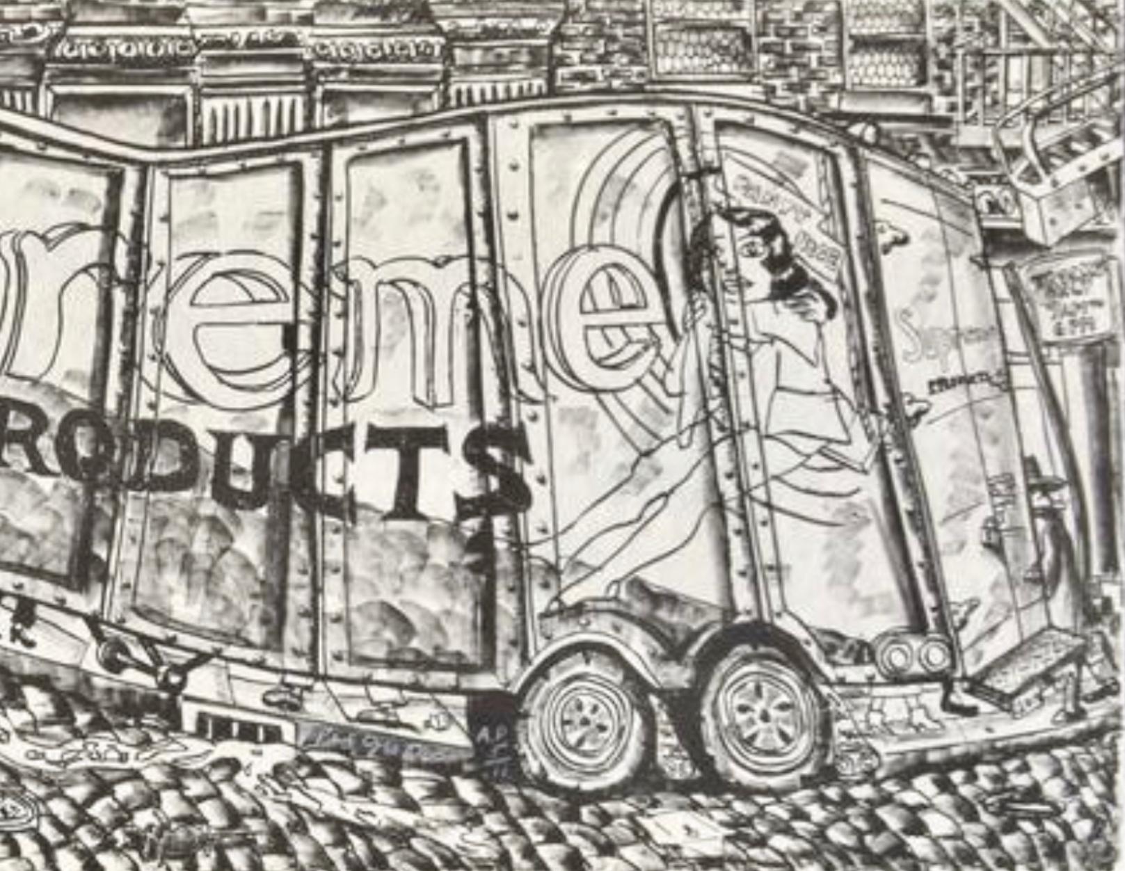 Artist: Red Grooms (1937)
Title: Truck I (VEL 105; Knestrick 77)
Year: 1979-1980
Medium: Lithograph, screenprint, rubber stamp impressions on Arches paper
Edition: 36, plus 11 artist’s proofs
Size: 24.25 x 62.25 inches
Condition:
