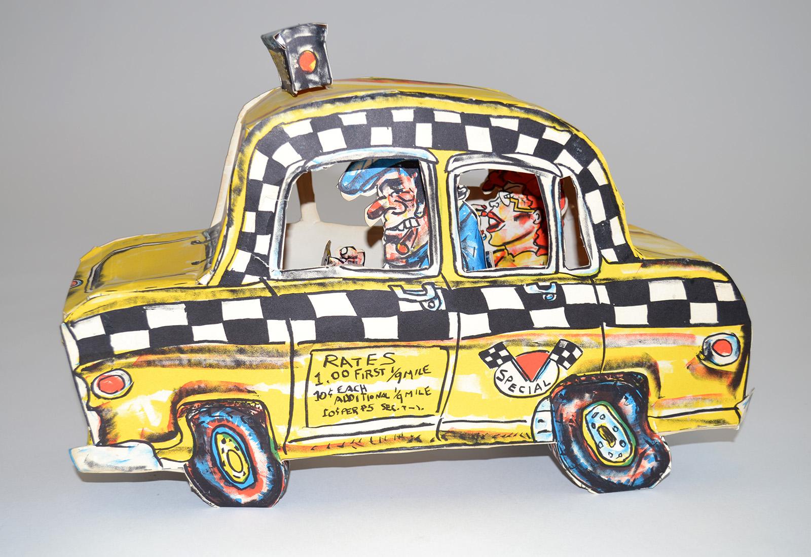 Red Grooms 'Ruckus Taxi' folded 3-D lithographic sculpture, 1986. Some folds where adhesive needs reapplication. Unsigned.