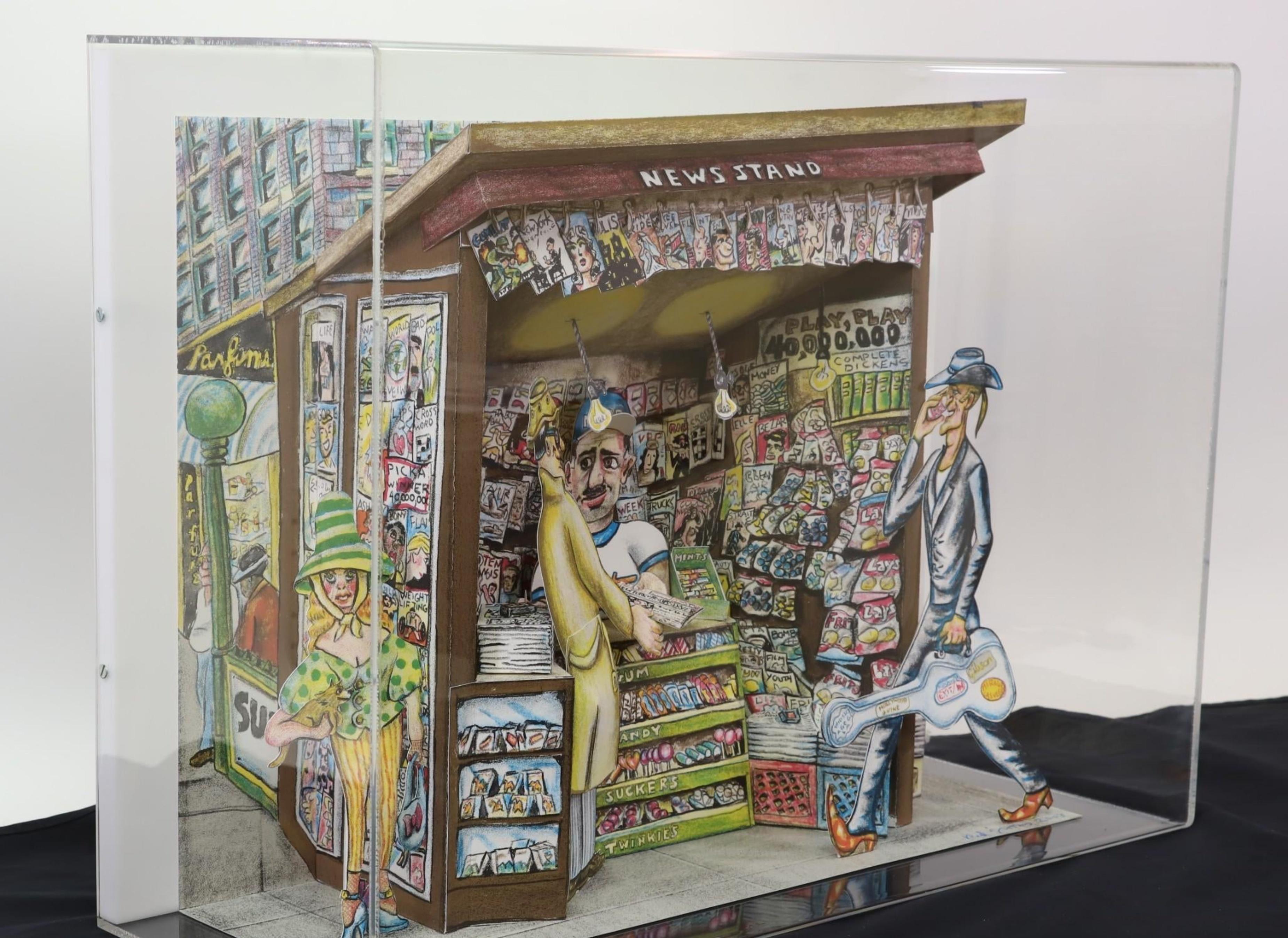 Extra Extra Read All About It, New York City Newsstand, 3D Construction, Signed - Pop Art Sculpture by Red Grooms