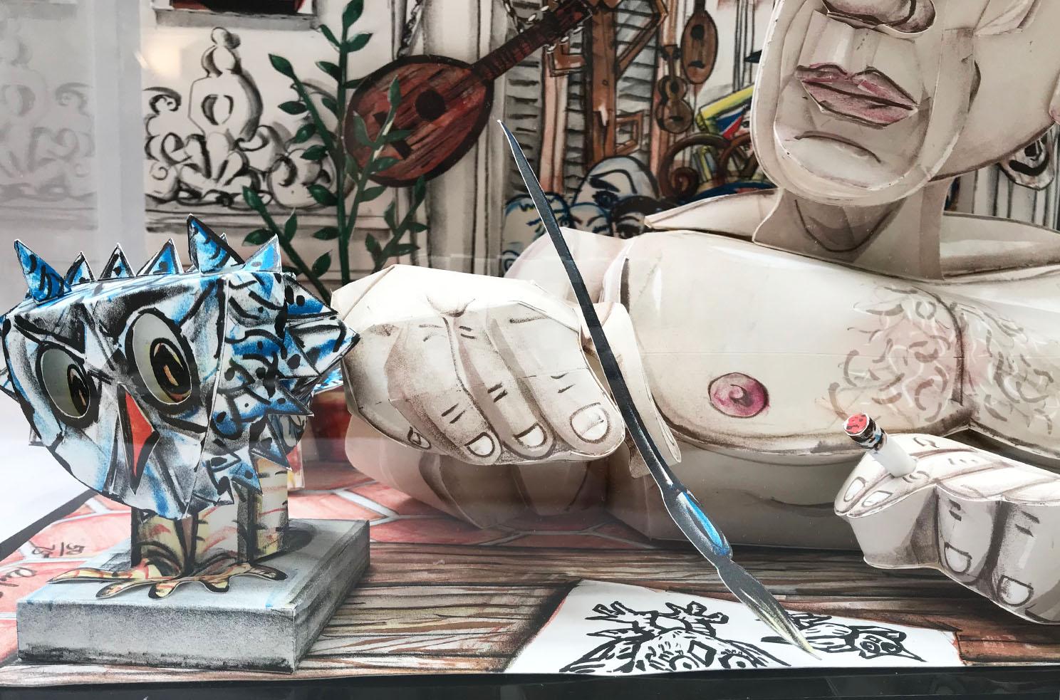 Red Grooms has done a portrait of master artist Picasso in a unique 3 dimensional print that displays like a sculptural figure. This unusual portrait has Pablo in his studio with his pen to the paper. Artist: Red Grooms 
Signed by the artist 
Title: