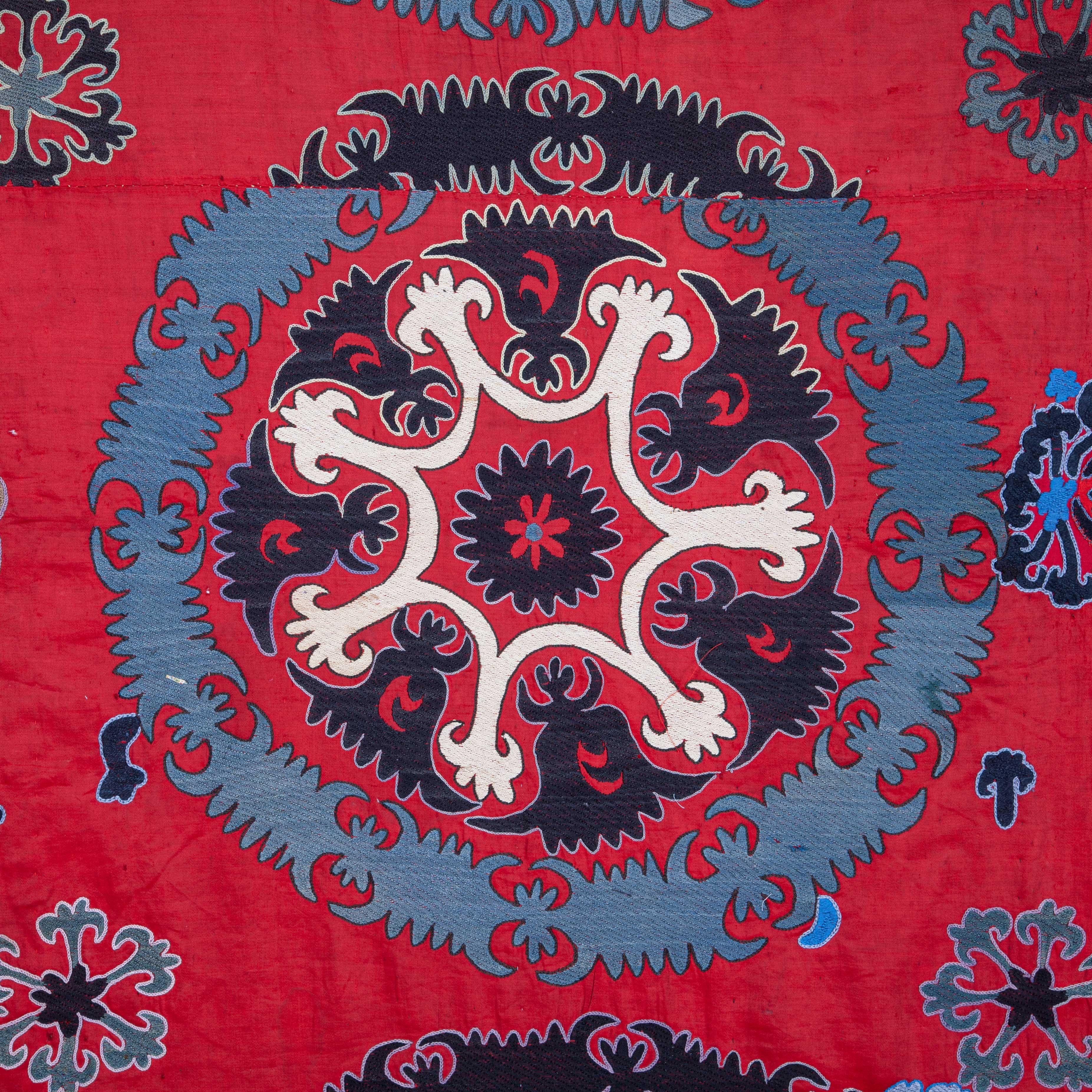 Embroidered Red Ground Suzani from Uzbekistan, Early 20th Century For Sale