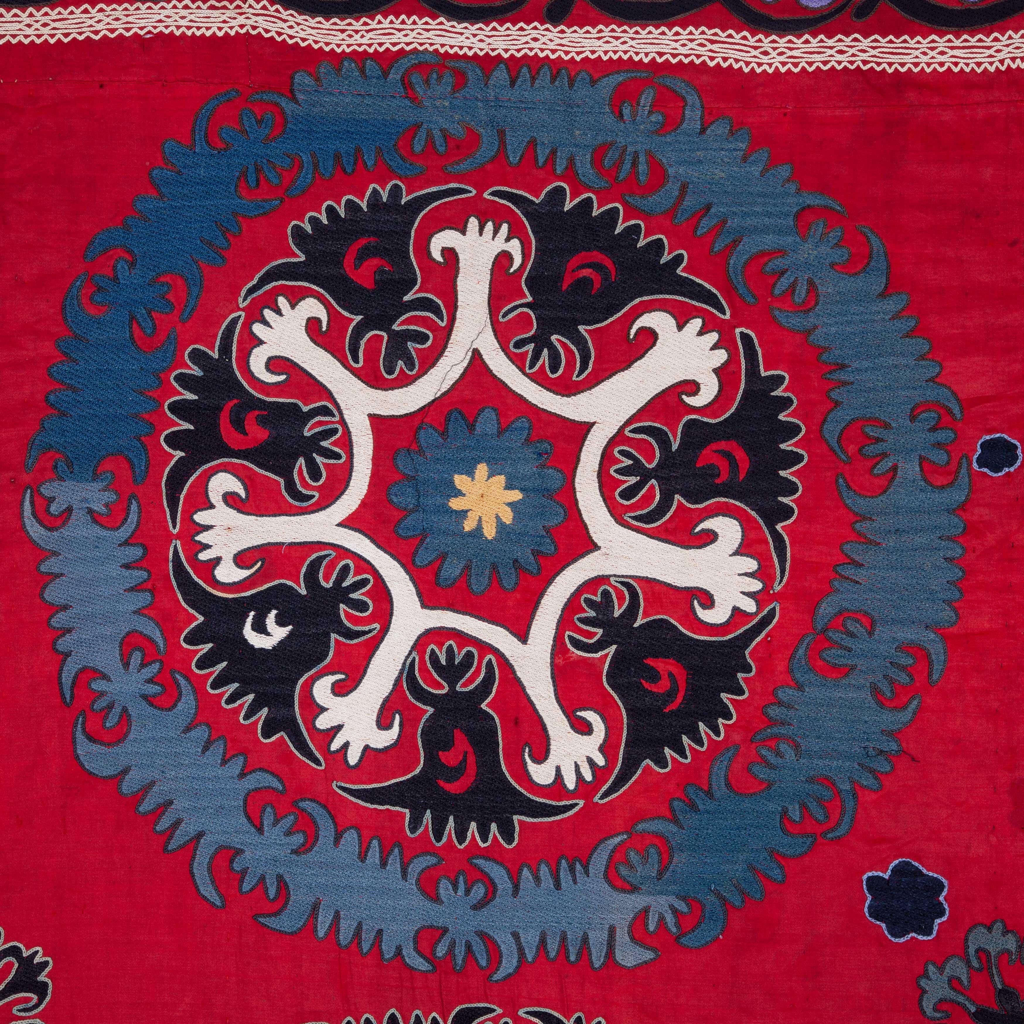 Cotton Red Ground Suzani from Uzbekistan, Early 20th Century For Sale