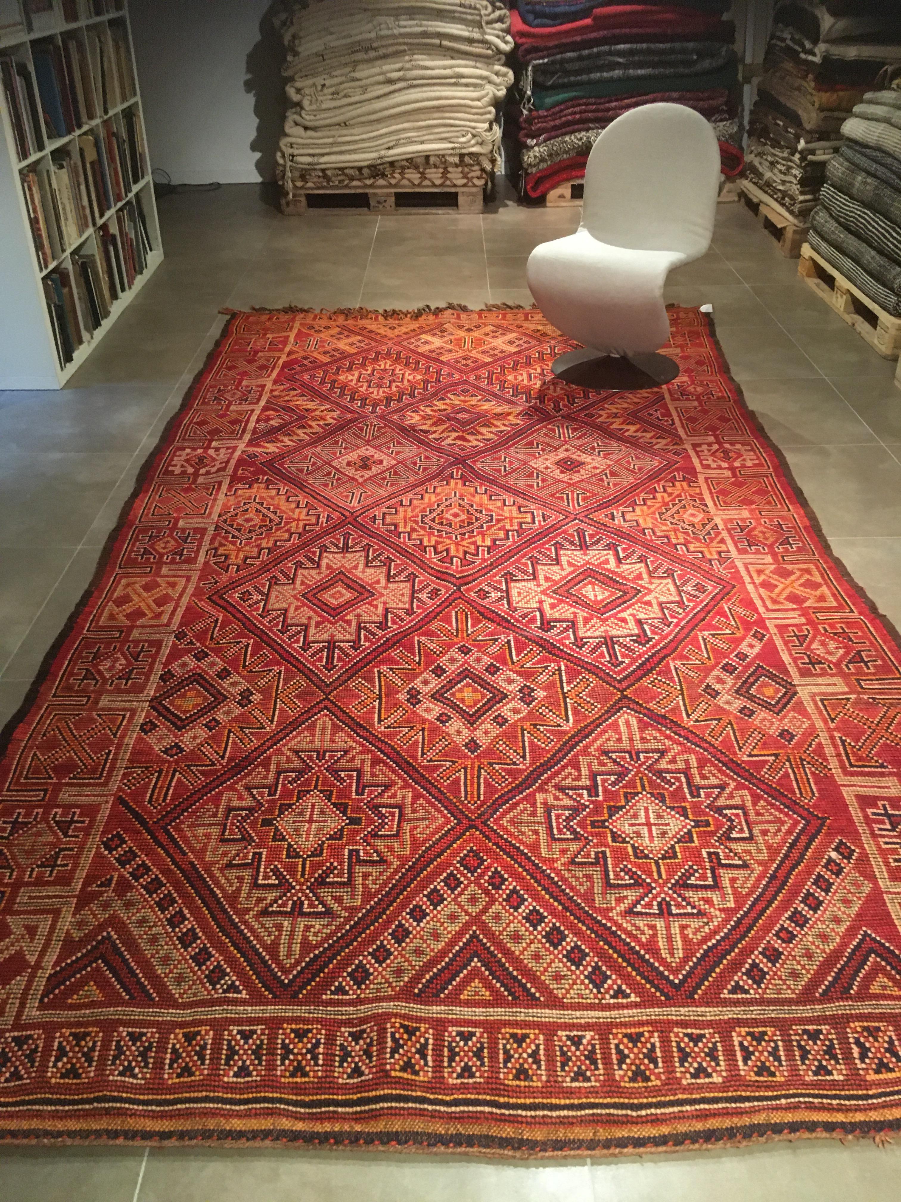 Hand-Knotted Exquisite Red Ground Vintage Beni Mguild Moroccan Berber Rug For Sale