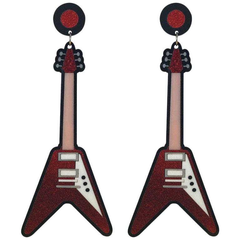 Red guitars earrings For Sale