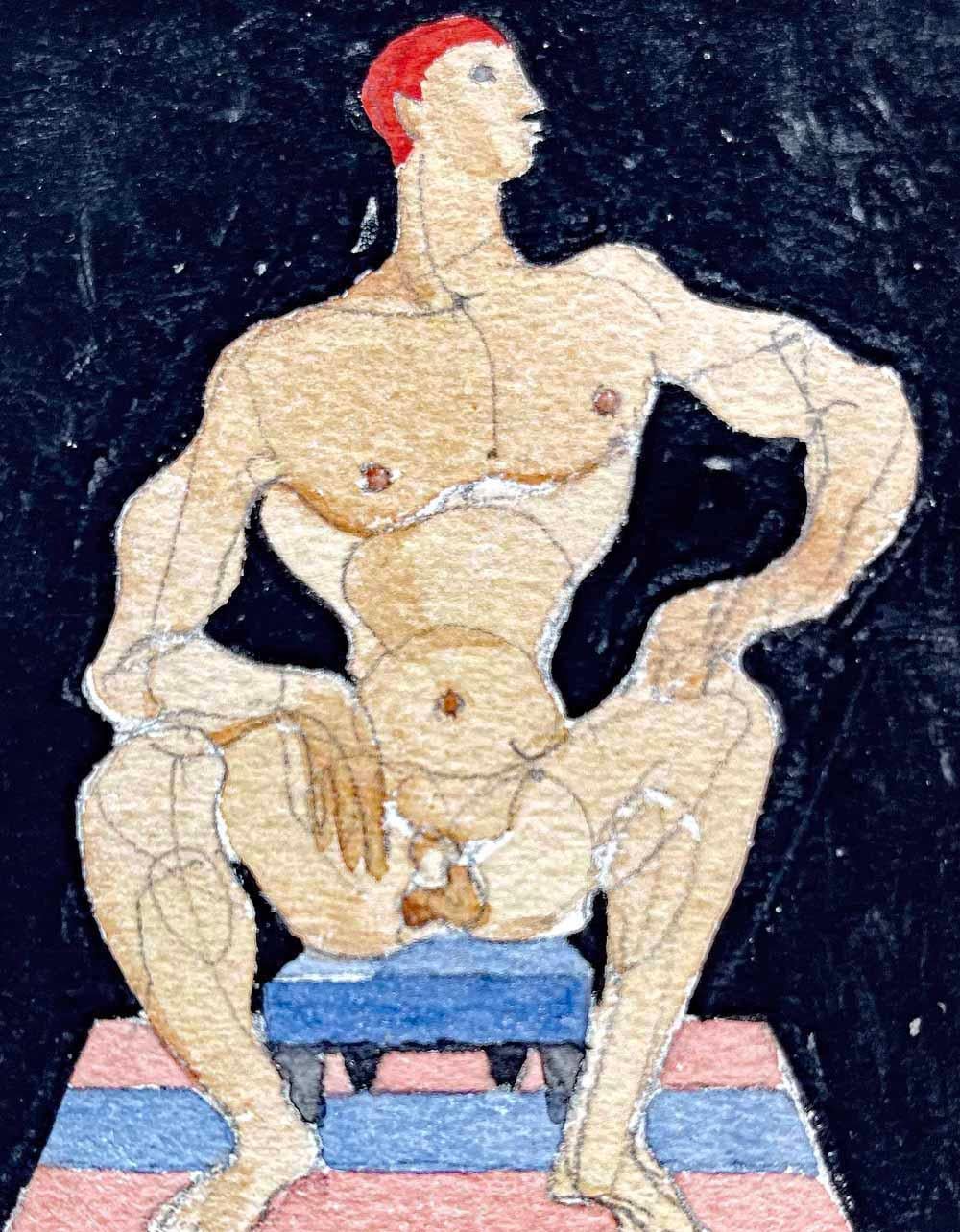 Broad-shouldered and red-haired, the male nude figure depicted here is full of confidence and attitude.  The figure sits on a stool, his feet planted on a striped rug in pink and lavender, the entire scene enveloped in black.  The painter, Raoul