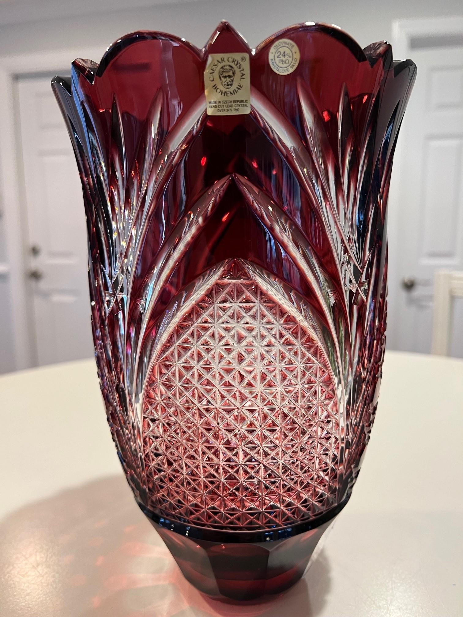 20th Century Red Hand Cut Lead Crystal Vase by Caesar Crystal Bohemiae Co. Czech Republic For Sale