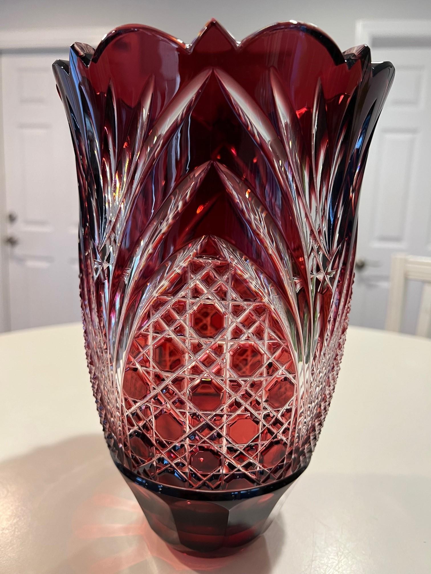 Red Hand Cut Lead Crystal Vase by Caesar Crystal Bohemiae Co. Czech Republic For Sale 1