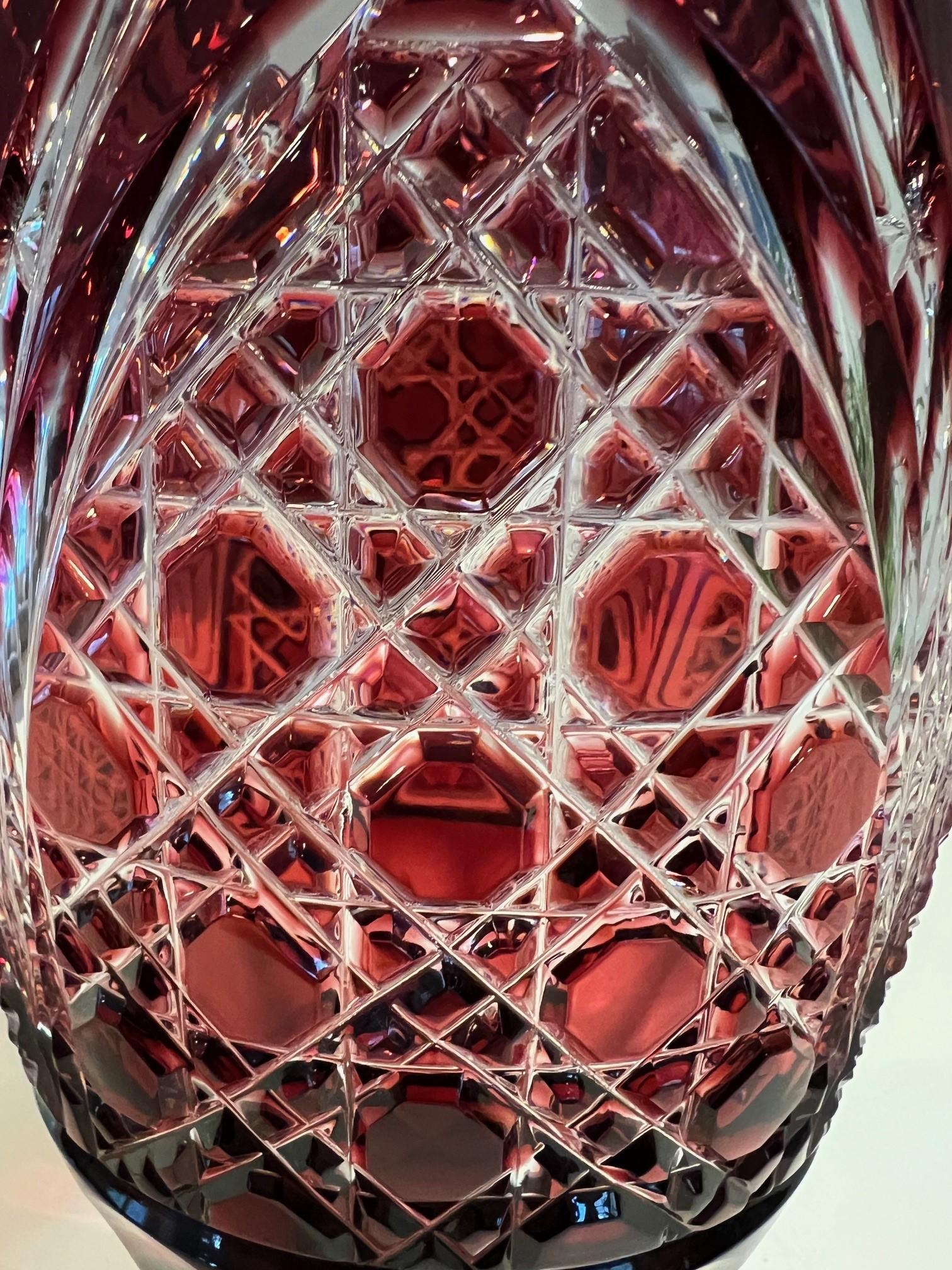 Red Hand Cut Lead Crystal Vase by Caesar Crystal Bohemiae Co. Czech Republic In Excellent Condition For Sale In Stamford, CT