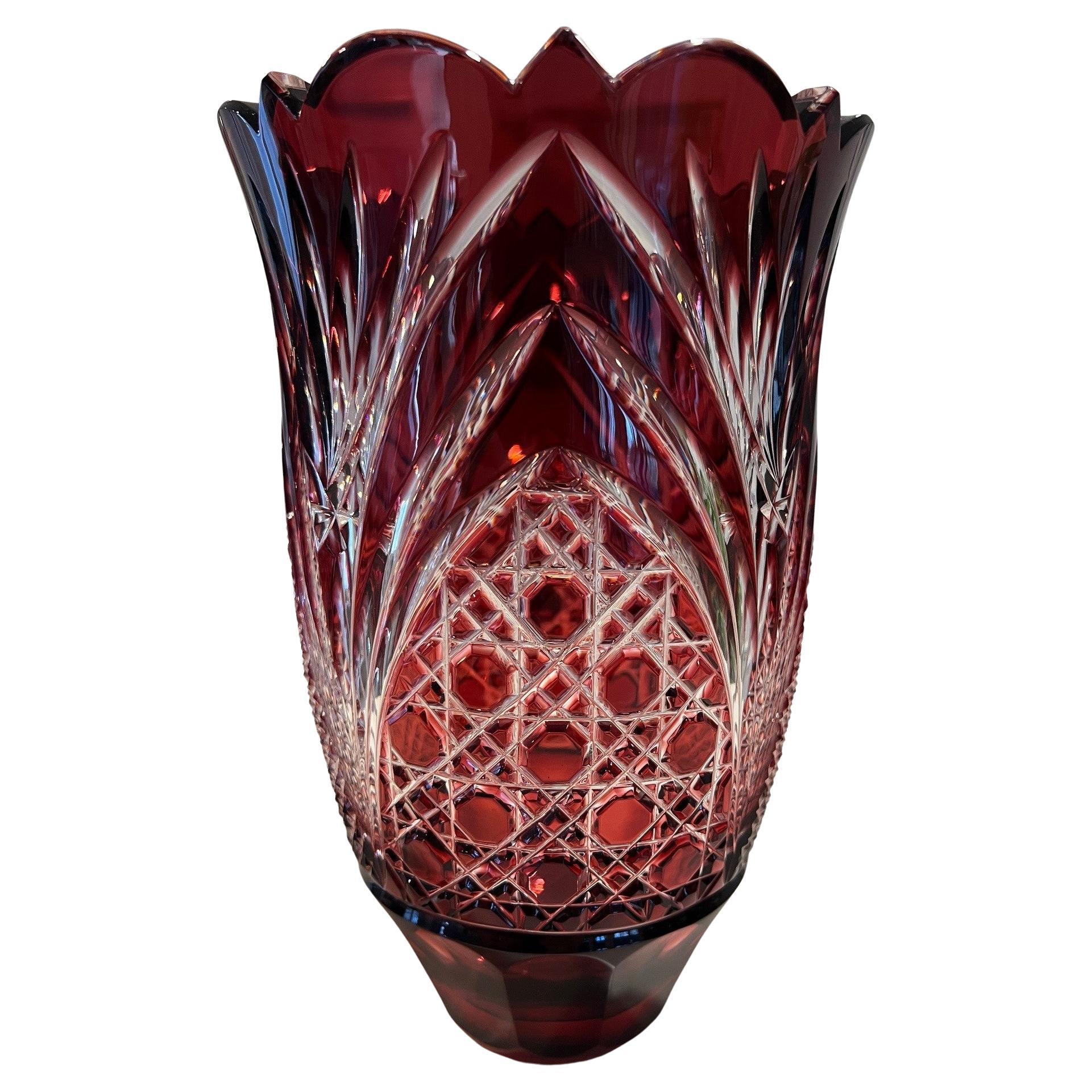 Red Hand Cut Lead Crystal Vase by Caesar Crystal Bohemiae Co. Czech Republic For Sale