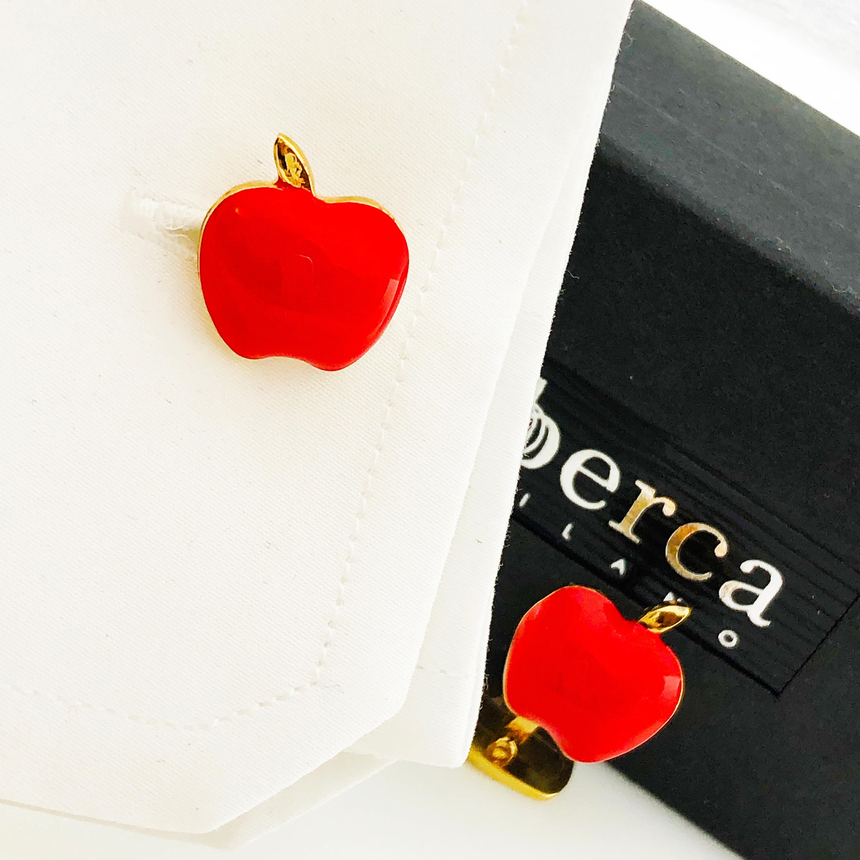 Berca Red Hand Enameled Apple Shaped Sterling Silver Gold-Plated Cufflinks For Sale 8