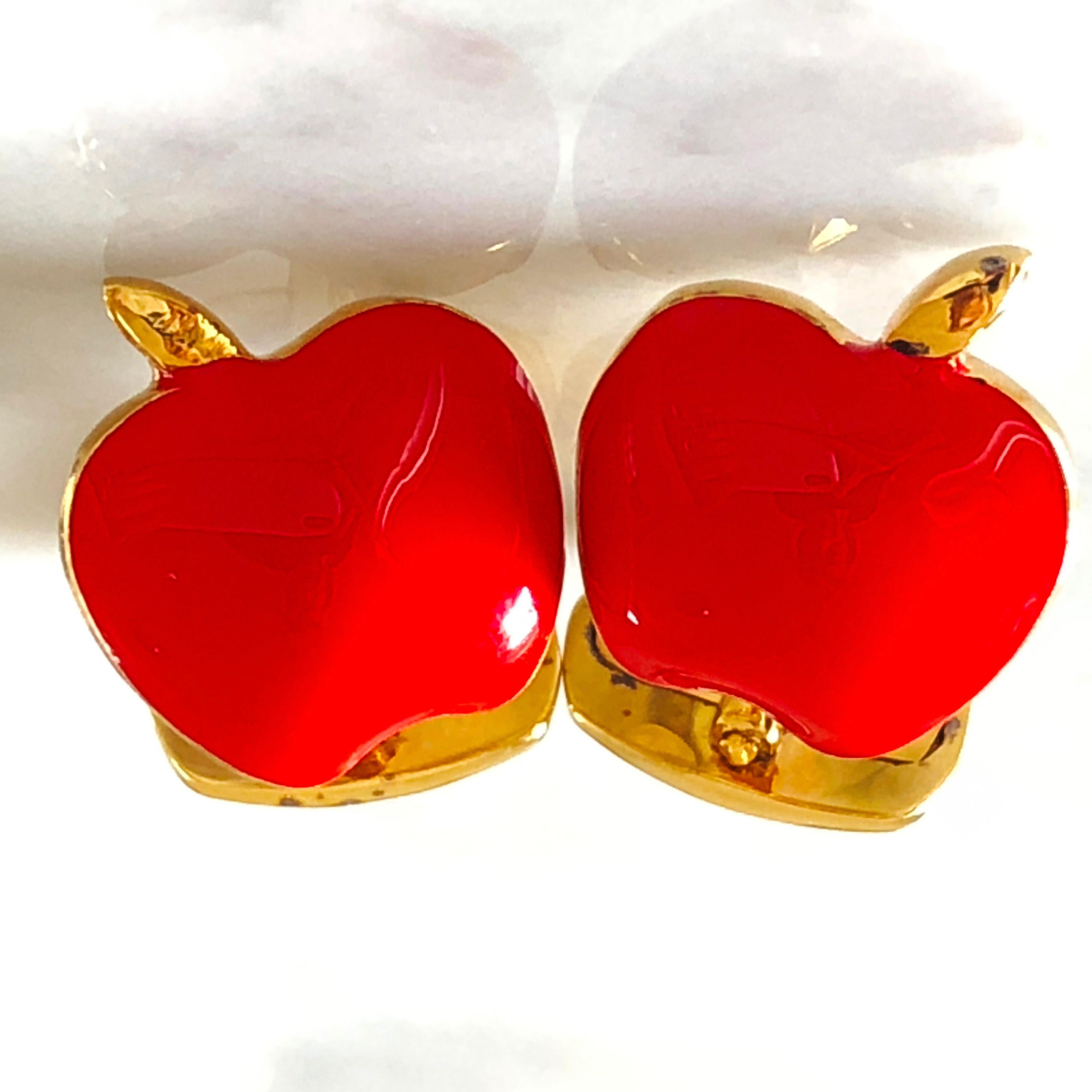 Berca Boutons de manchette en forme de pomme émaillés à la main en argent sterling et plaqué or rouge en vente 2