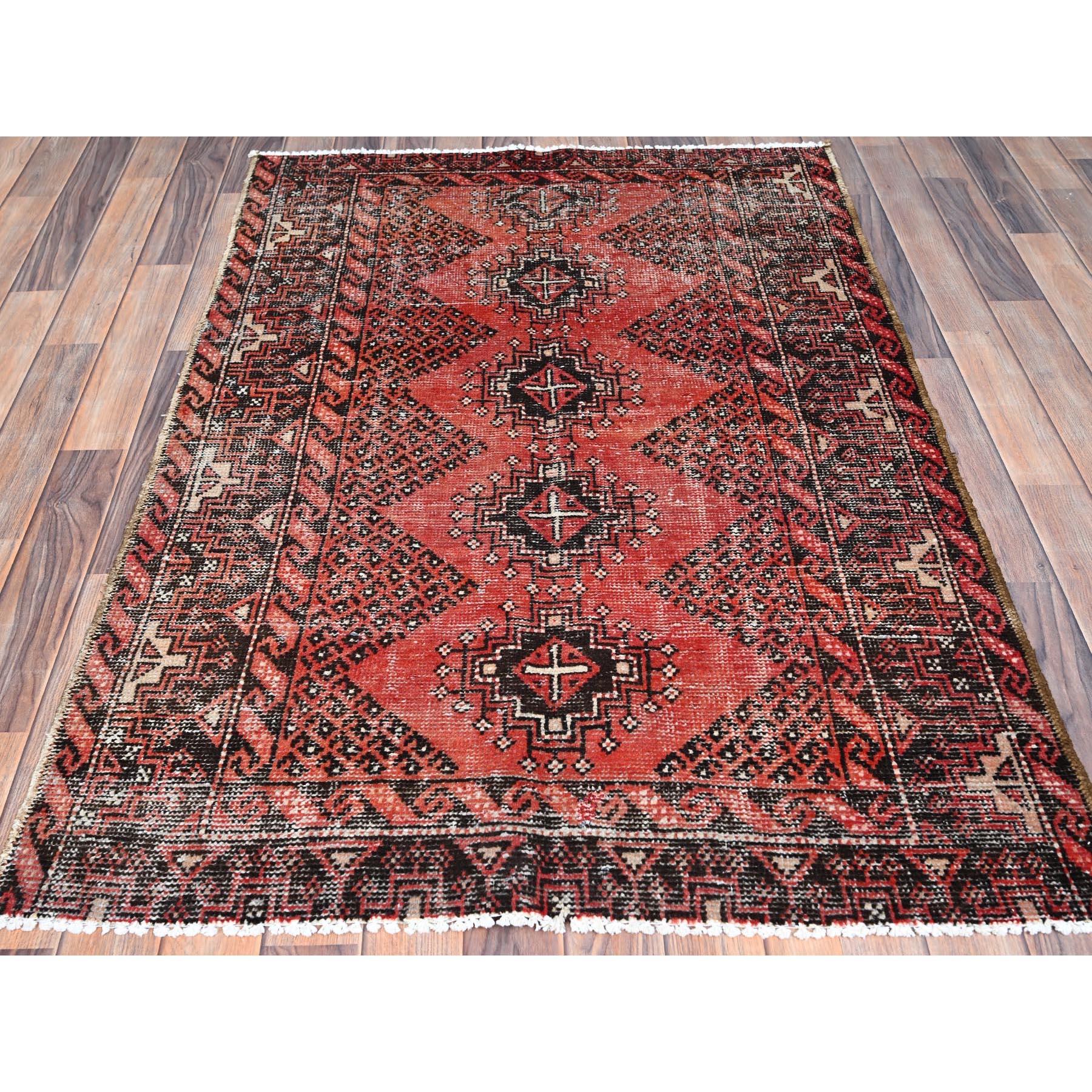 Medieval Red Hand Knotted Abrash Vintage Persian Baluch Clean Pure Wool Sheared Low Rug For Sale