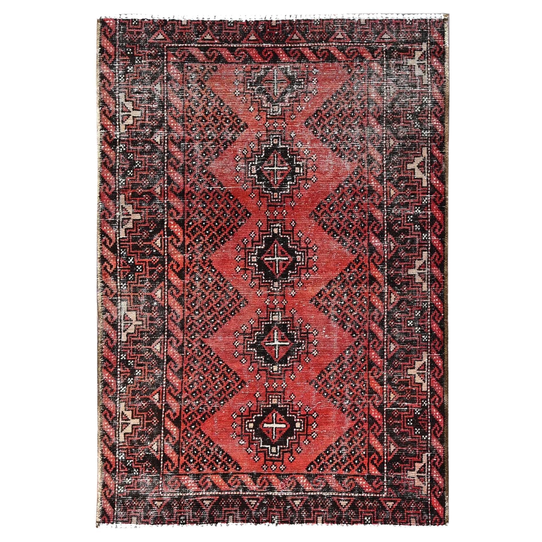 Red Hand Knotted Abrash Vintage Persian Baluch Clean Pure Wool Sheared Low Rug For Sale