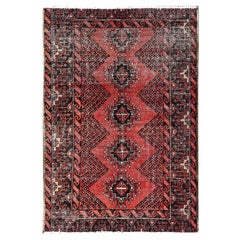 Red Hand Knotted Abrash Retro Persian Baluch Clean Pure Wool Sheared Low Rug