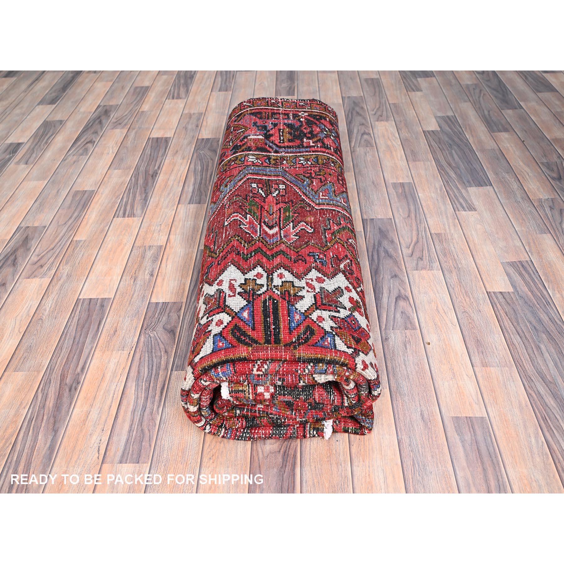 Red Hand Knotted Abrash Vintage Persian Heriz Sides and Ends Cleaned Wool Rug For Sale 4