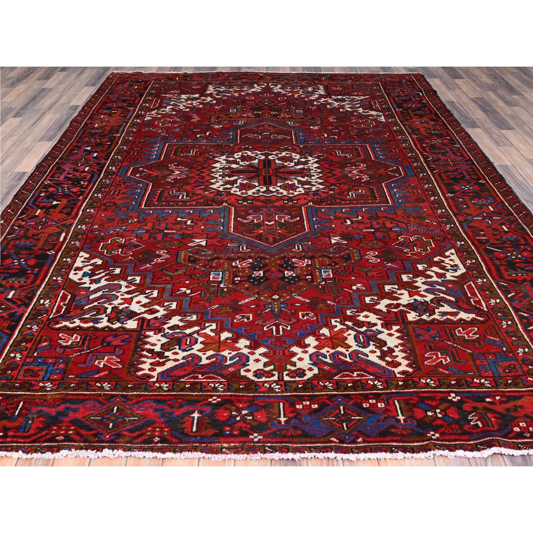 Medieval Red Hand Knotted Abrash Vintage Persian Heriz Sides and Ends Cleaned Wool Rug For Sale
