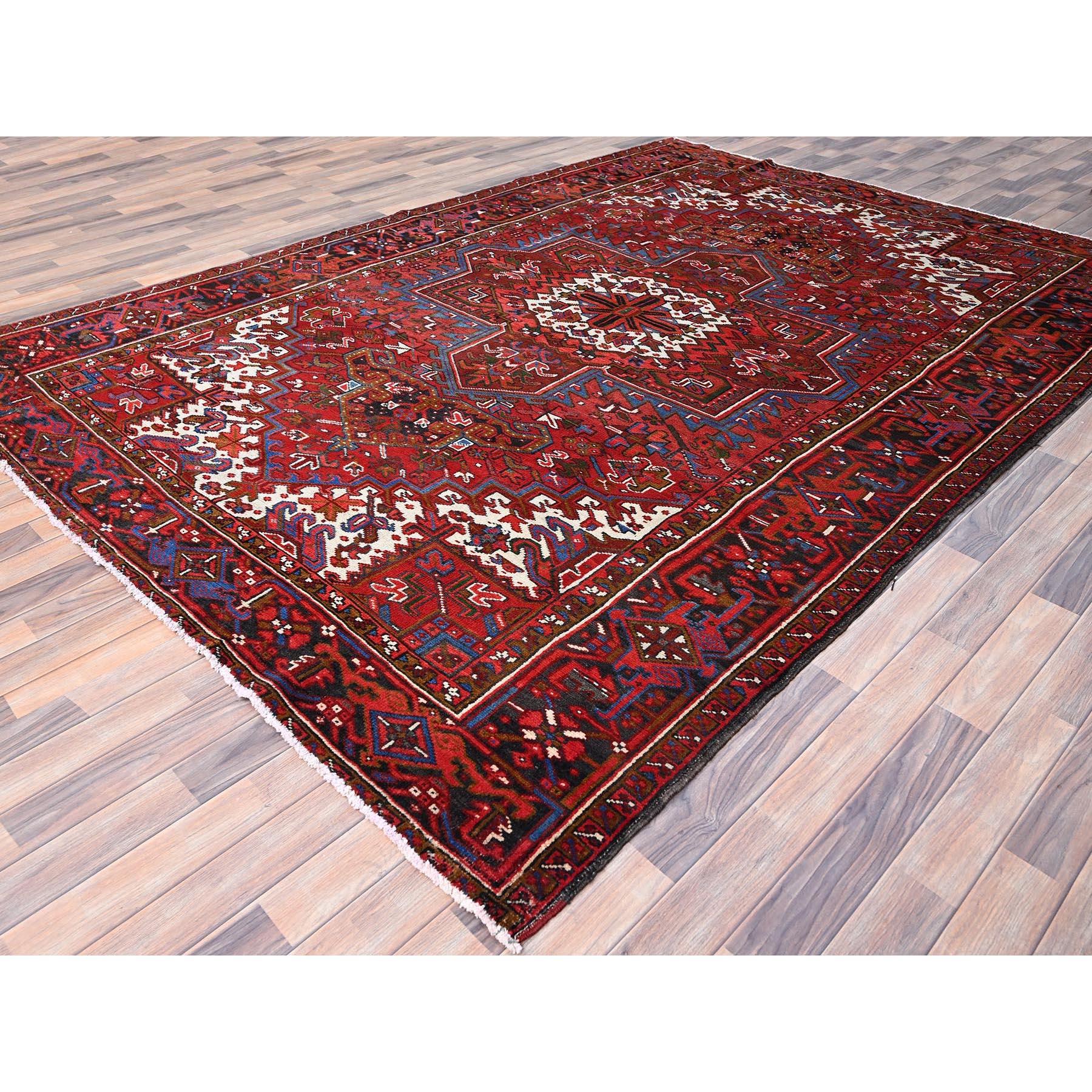 Hand-Knotted Red Hand Knotted Abrash Vintage Persian Heriz Sides and Ends Cleaned Wool Rug For Sale