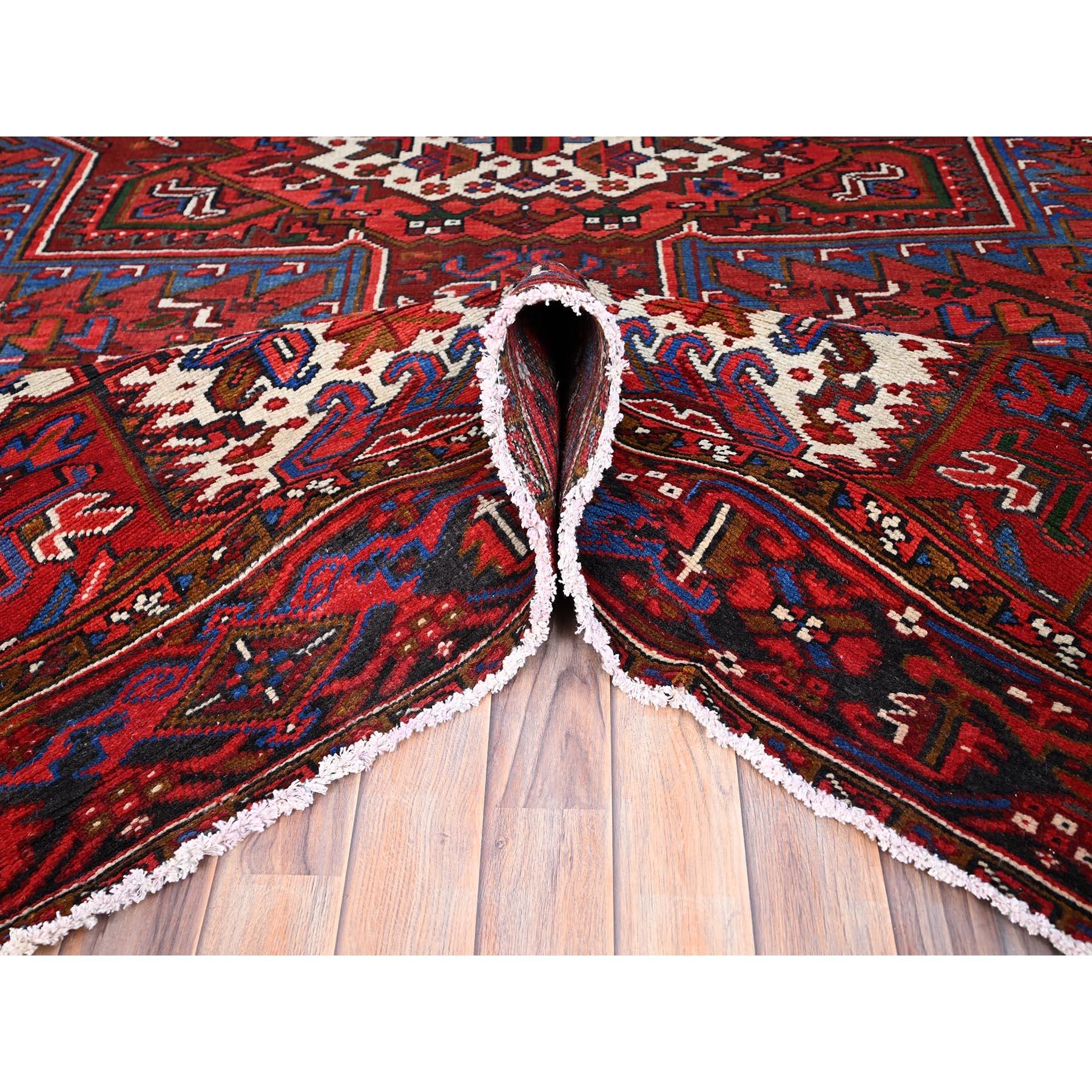 Mid-20th Century Red Hand Knotted Abrash Vintage Persian Heriz Sides and Ends Cleaned Wool Rug For Sale