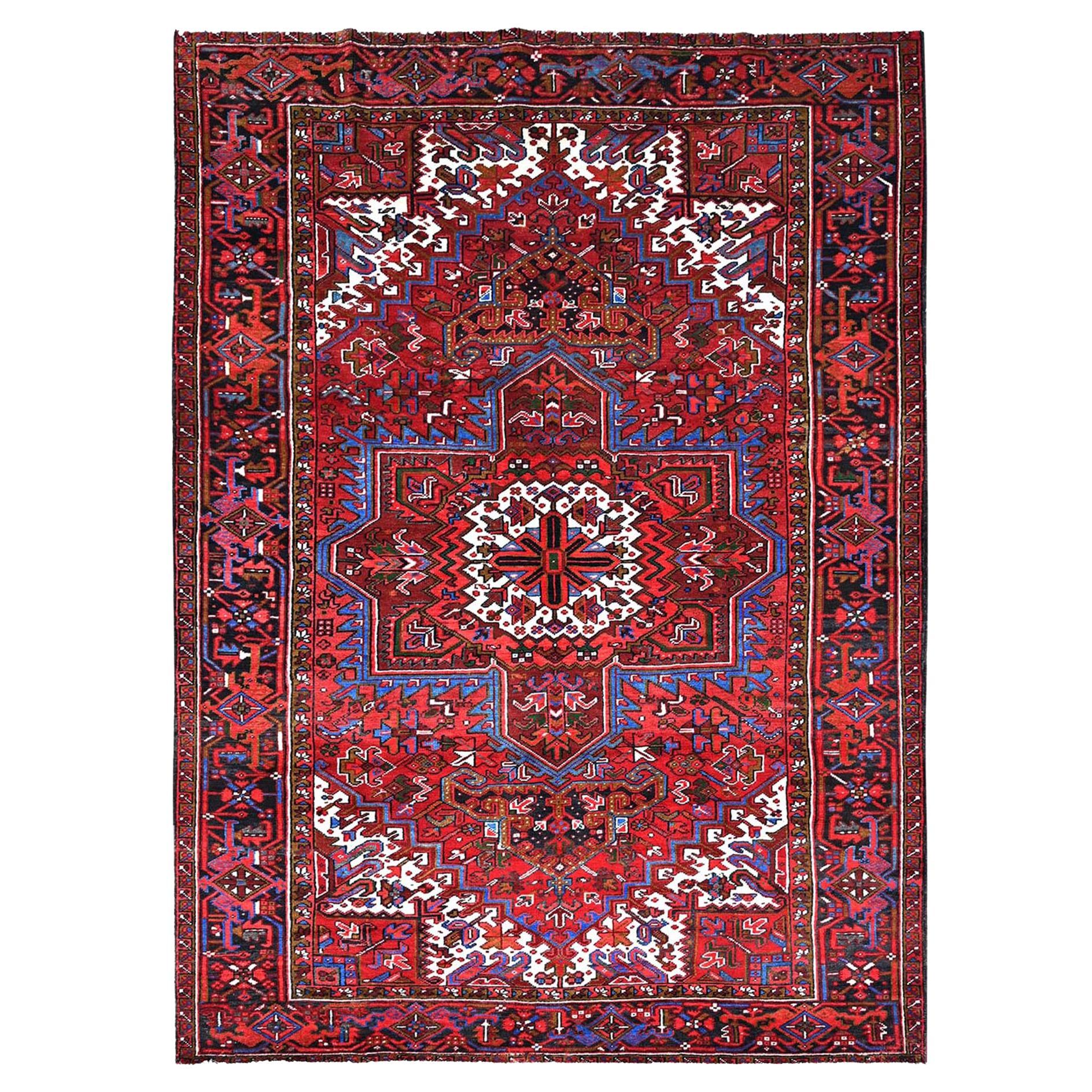 Red Hand Knotted Abrash Vintage Persian Heriz Sides and Ends Cleaned Wool Rug