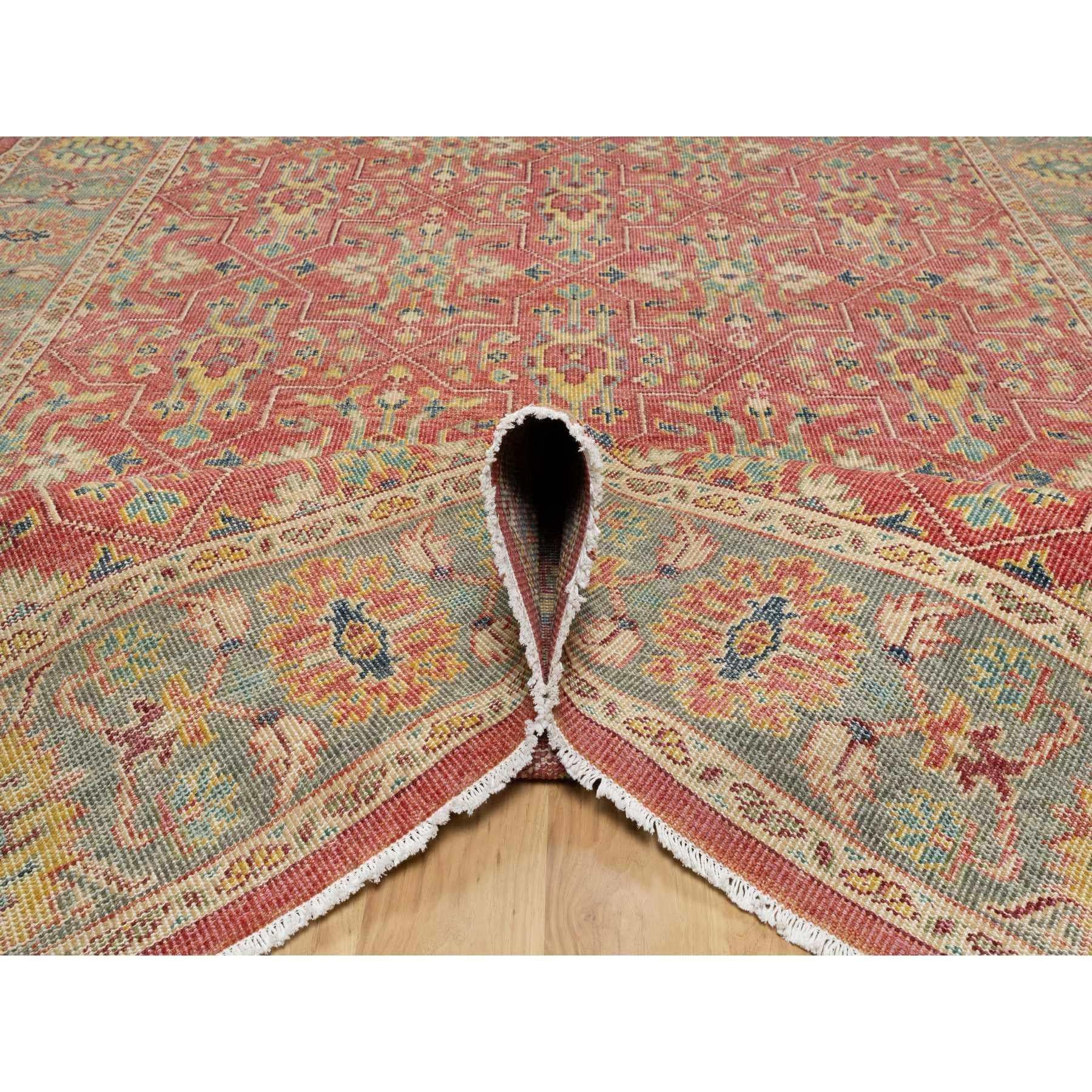 Red Hand Knotted Antiqued Oushak Design Pure Wool Oriental Rug 9'11