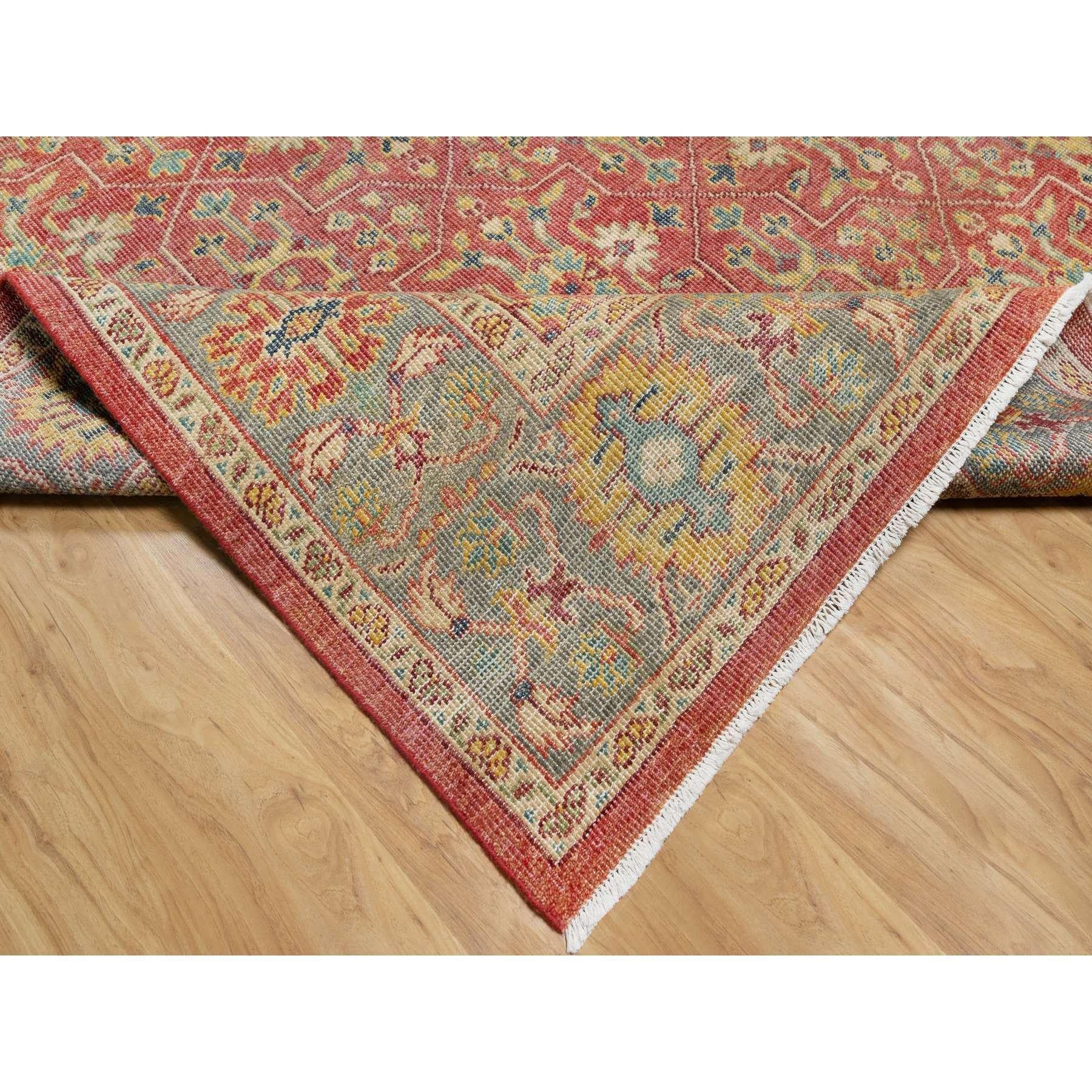 Contemporary Red Hand Knotted Antiqued Oushak Design Pure Wool Oriental Rug 9'11