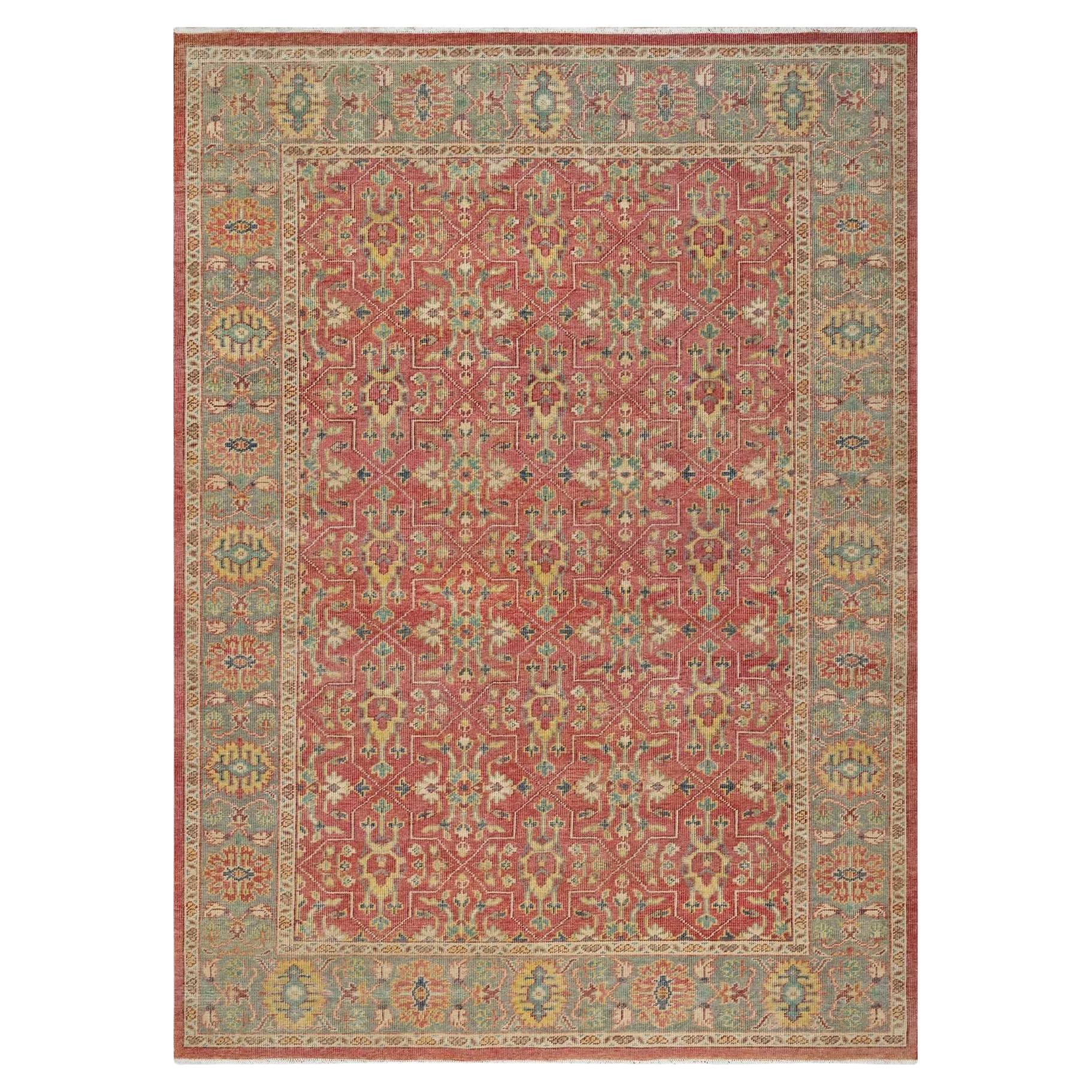 Red Hand Knotted Antiqued Oushak Design Pure Wool Oriental Rug 9'11" x 13'9" For Sale