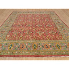 Tappeto quadrato in lana morbida rosso annodato a mano con design Oushak anticato 14'0" x 14'0"