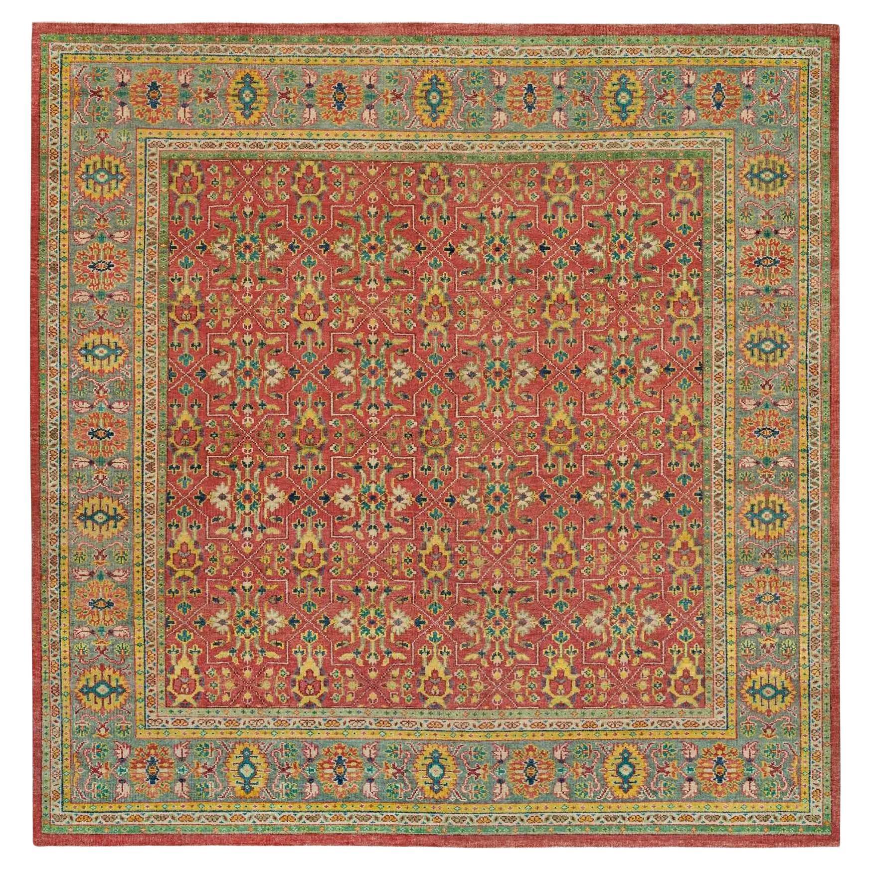 Roter handgeknüpfter antiker quadratischer Teppich aus weicher Wolle im Oushak-Design 14'0" x 14'0"