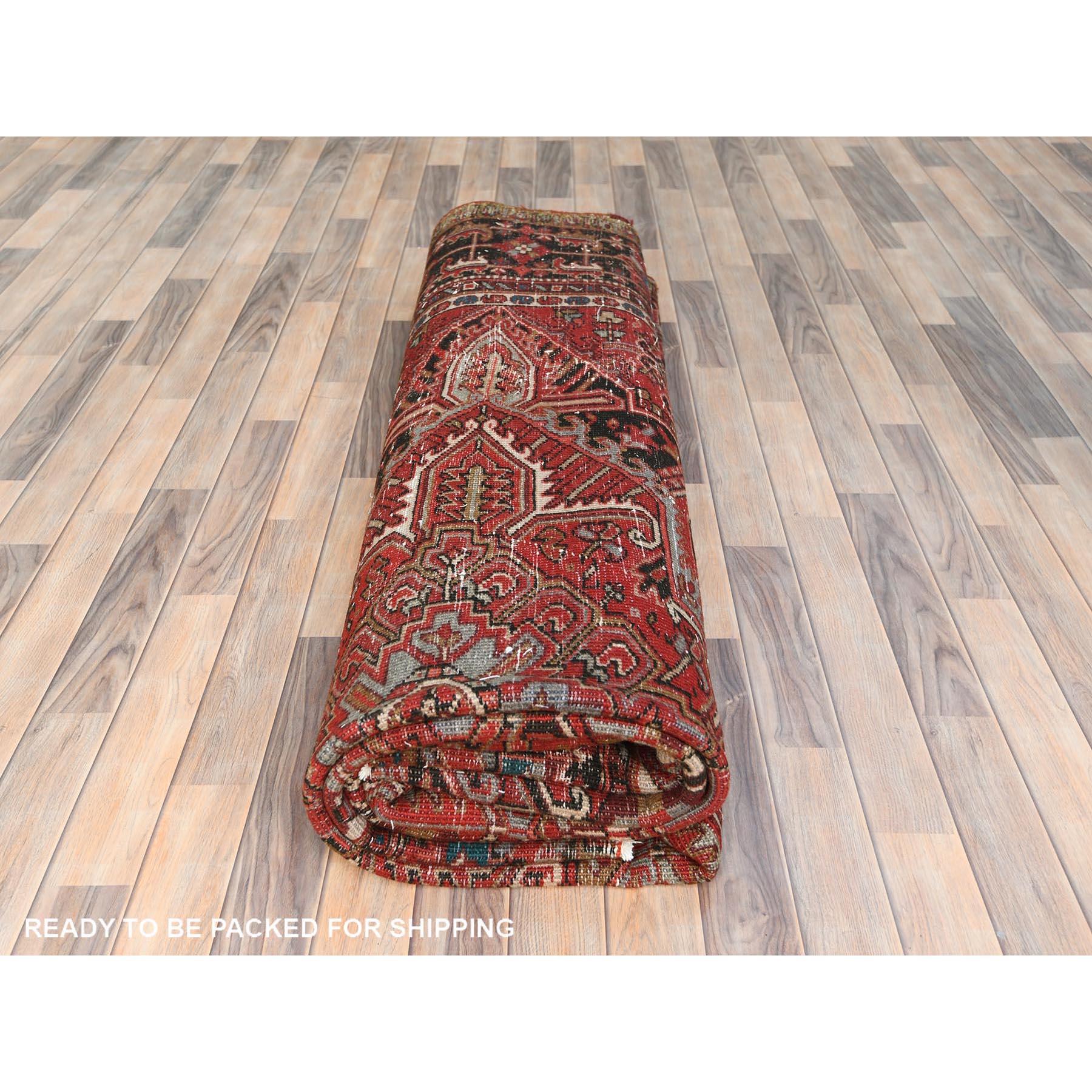 Red Hand Knotted Cleaned Vintage Persian Heriz Worn Down with Rustic Look Rug For Sale 3