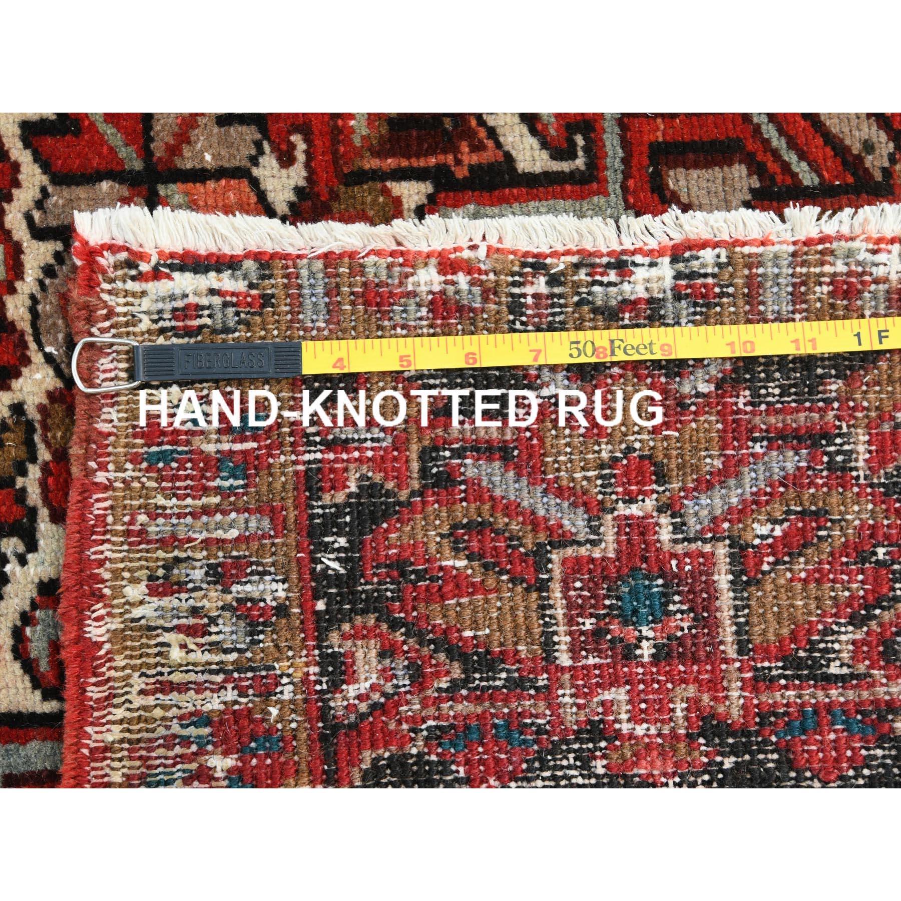 Red Hand Knotted Cleaned Vintage Persian Heriz Worn Down with Rustic Look Rug For Sale 5