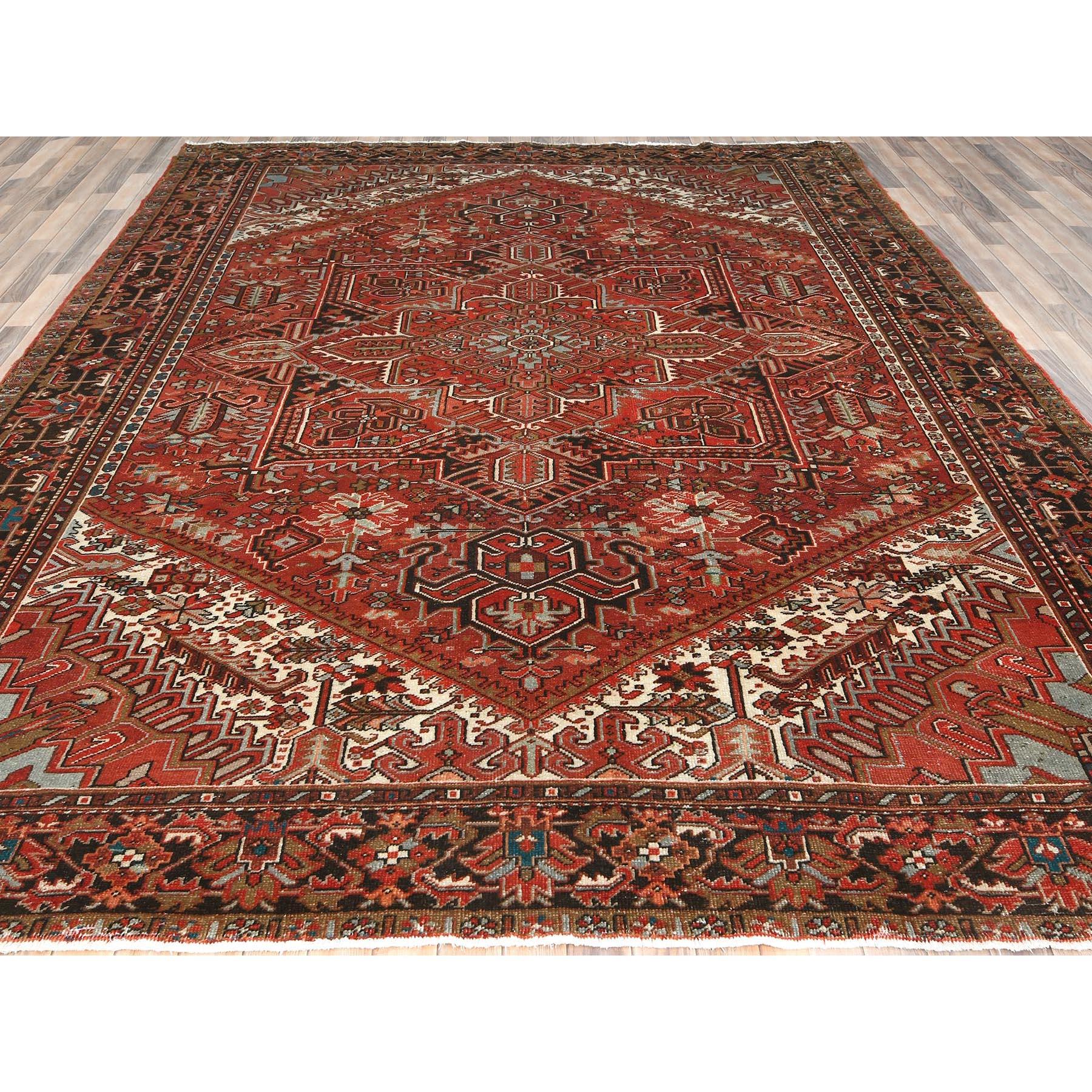 Heriz Serapi Red Hand Knotted Cleaned Vintage Persian Heriz Worn Down with Rustic Look Rug For Sale