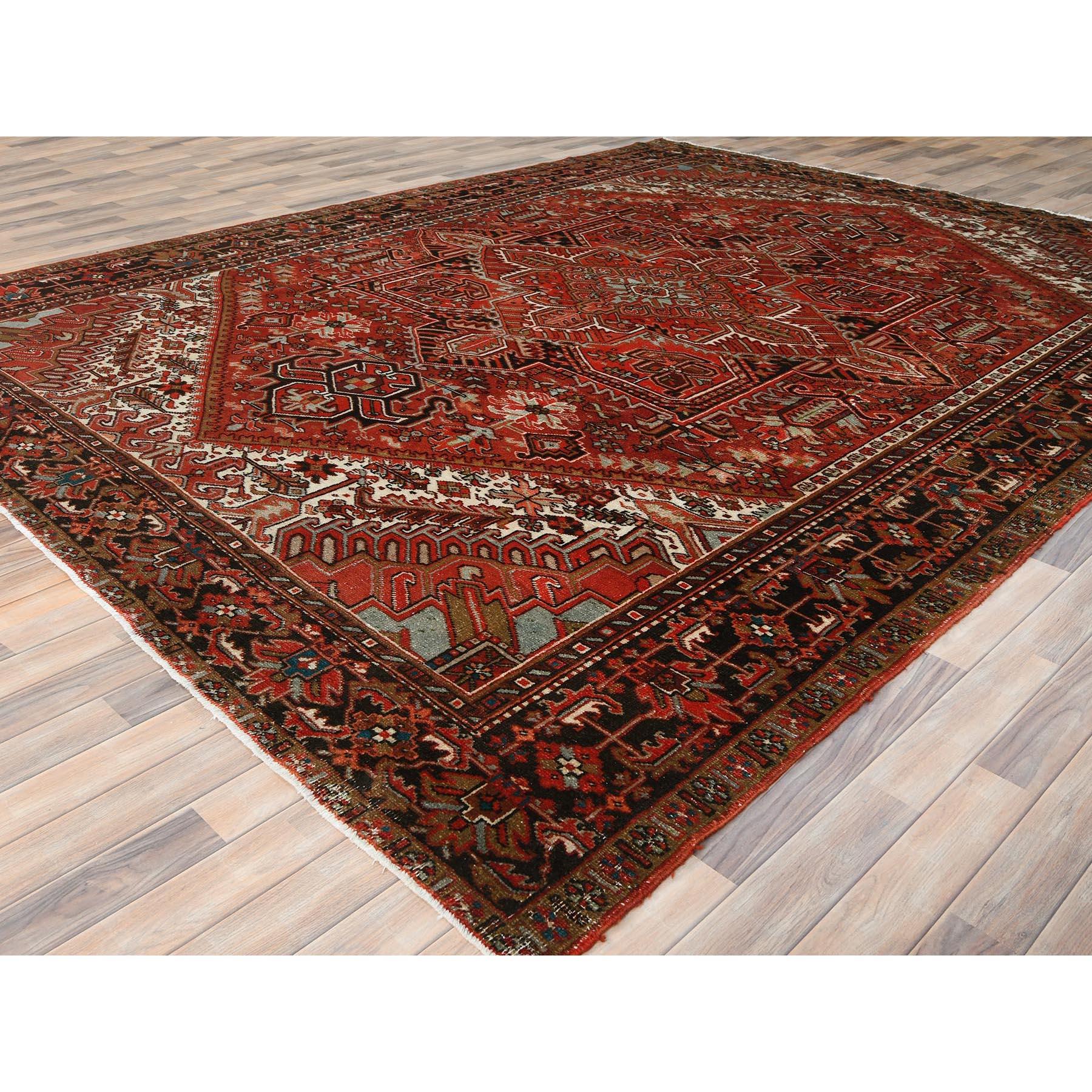 Hand-Knotted Red Hand Knotted Cleaned Vintage Persian Heriz Worn Down with Rustic Look Rug For Sale