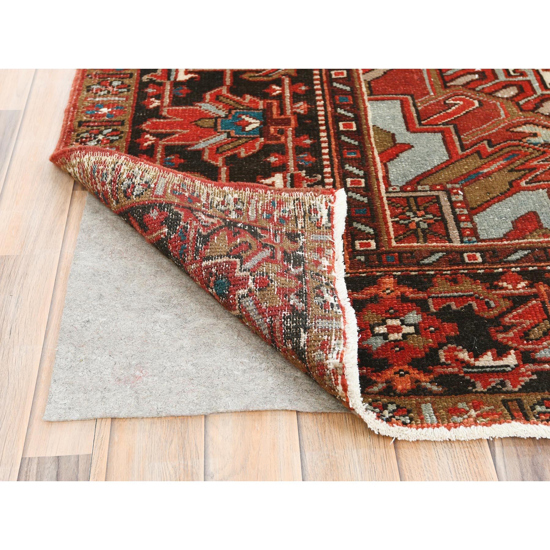 Red Hand Knotted Cleaned Vintage Persian Heriz Worn Down with Rustic Look Rug In Fair Condition For Sale In Carlstadt, NJ
