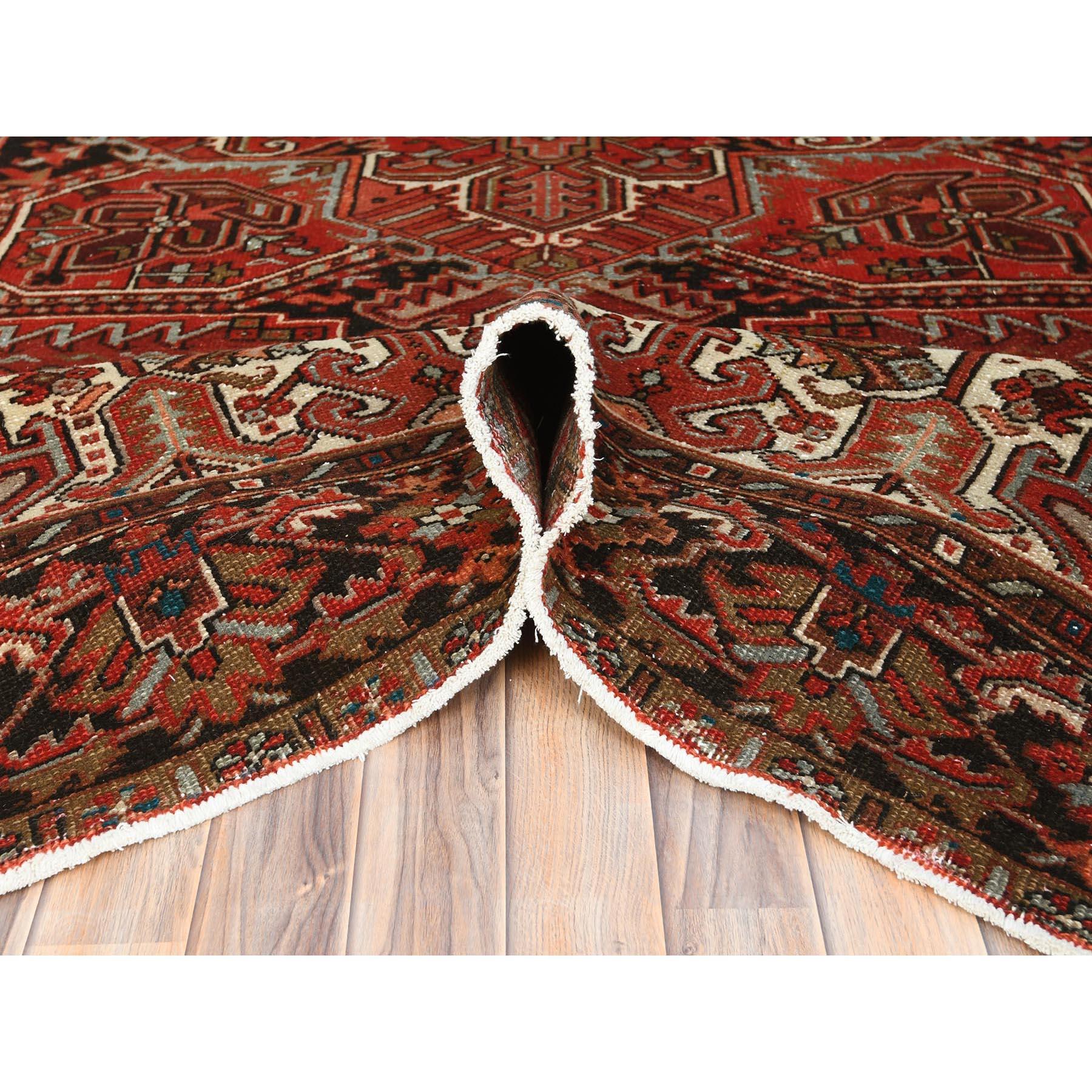 Mid-20th Century Red Hand Knotted Cleaned Vintage Persian Heriz Worn Down with Rustic Look Rug For Sale