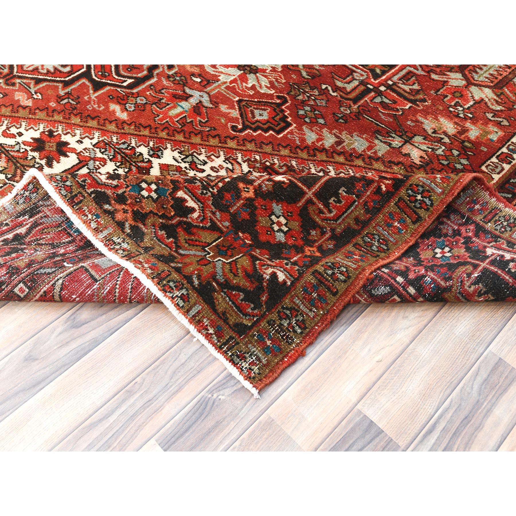 Wool Red Hand Knotted Cleaned Vintage Persian Heriz Worn Down with Rustic Look Rug For Sale