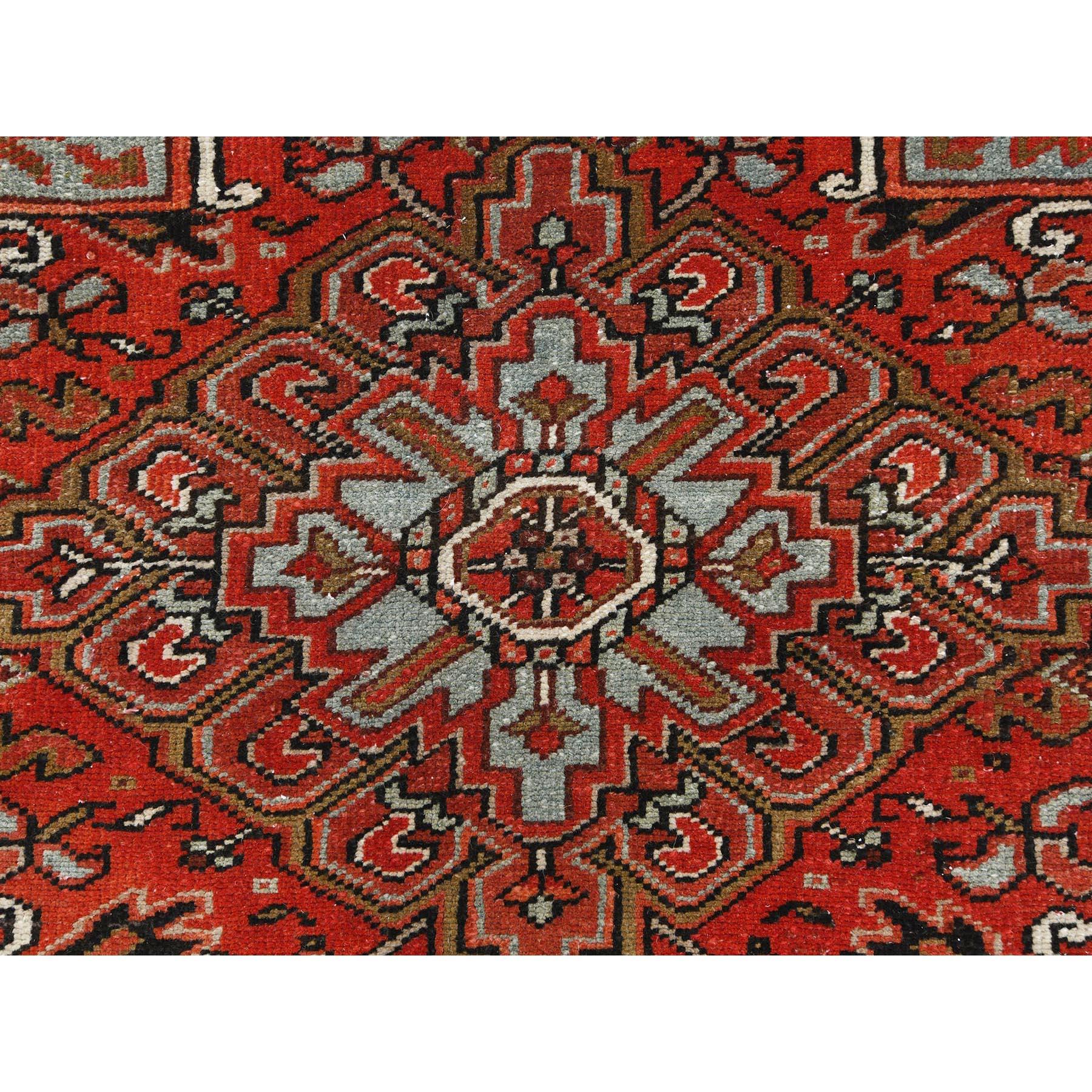 Red Hand Knotted Cleaned Vintage Persian Heriz Worn Down with Rustic Look Rug For Sale 2