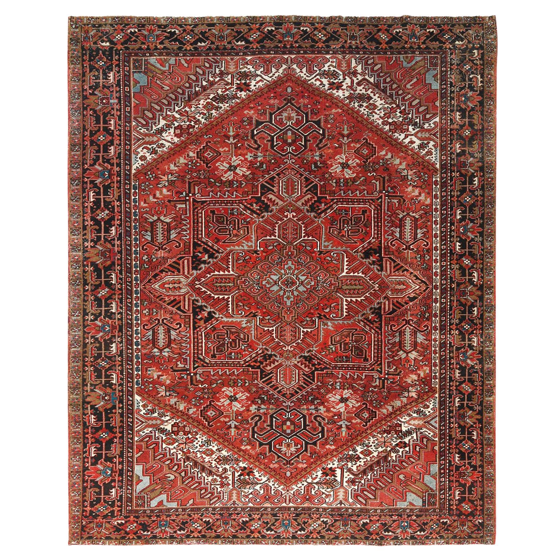 Red Hand Knotted Cleaned Vintage Persian Heriz Worn Down with Rustic Look Rug For Sale