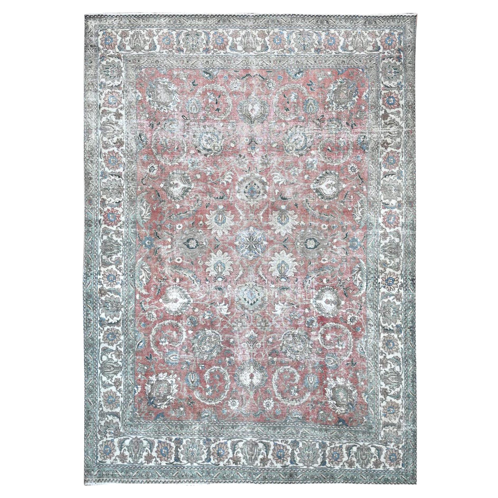 Red Hand Knotted Distressed Old Persian Tabriz Clean All Wool Evenly Worn Rug
