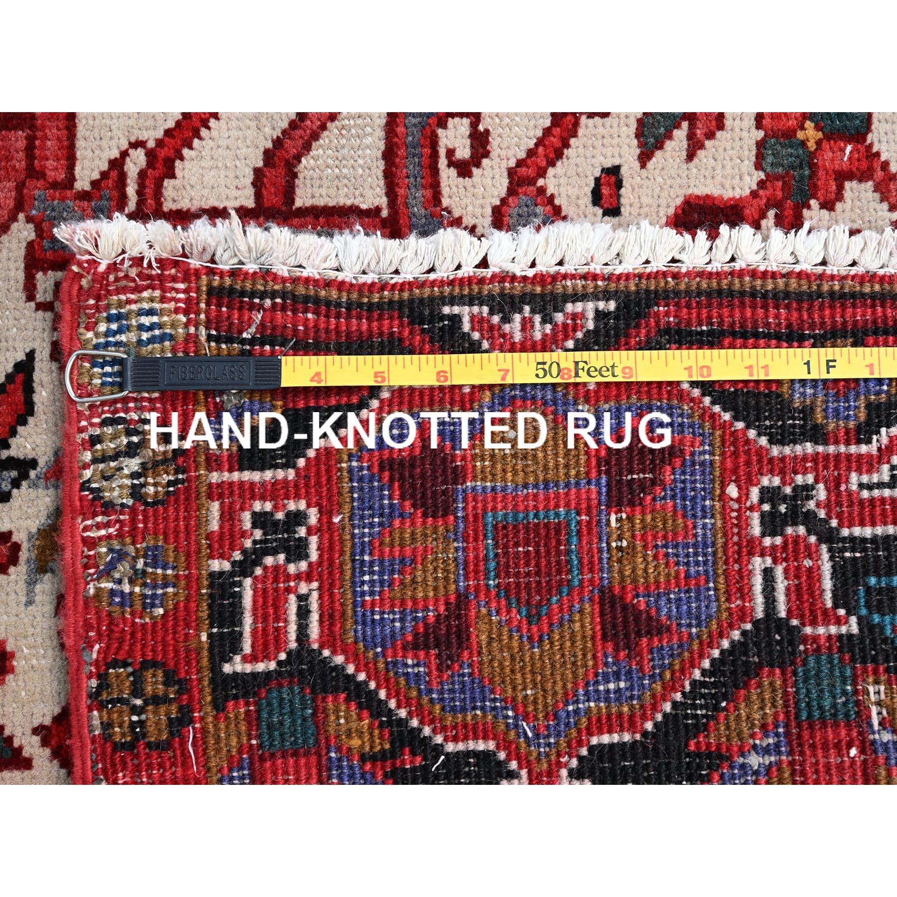 Red Hand Knotted Evenly Worn Wool  Vintage Persian Heriz Abrash Rustic Look Rug For Sale 4