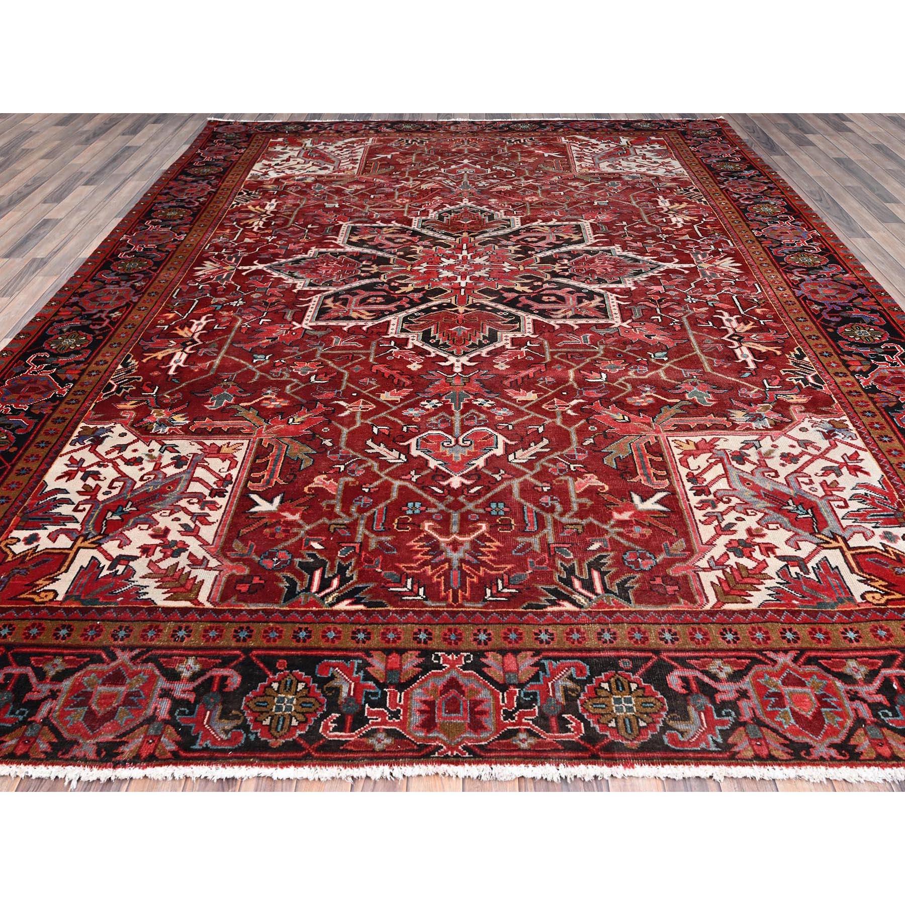 Red Hand Knotted Evenly Worn Wool  Vintage Persian Heriz Abrash Rustic Look Rug For Sale 6
