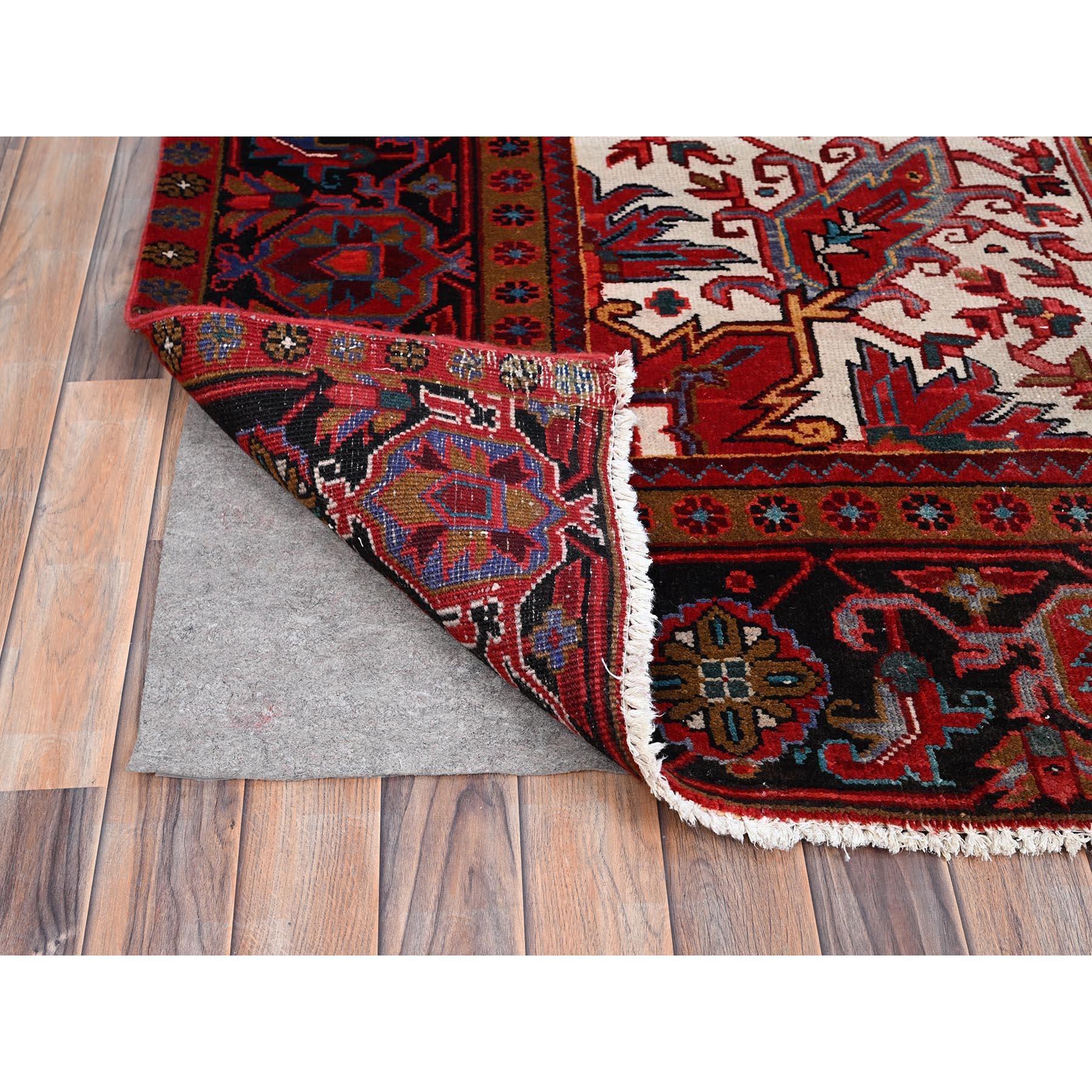 Medieval Red Hand Knotted Evenly Worn Wool  Vintage Persian Heriz Abrash Rustic Look Rug For Sale